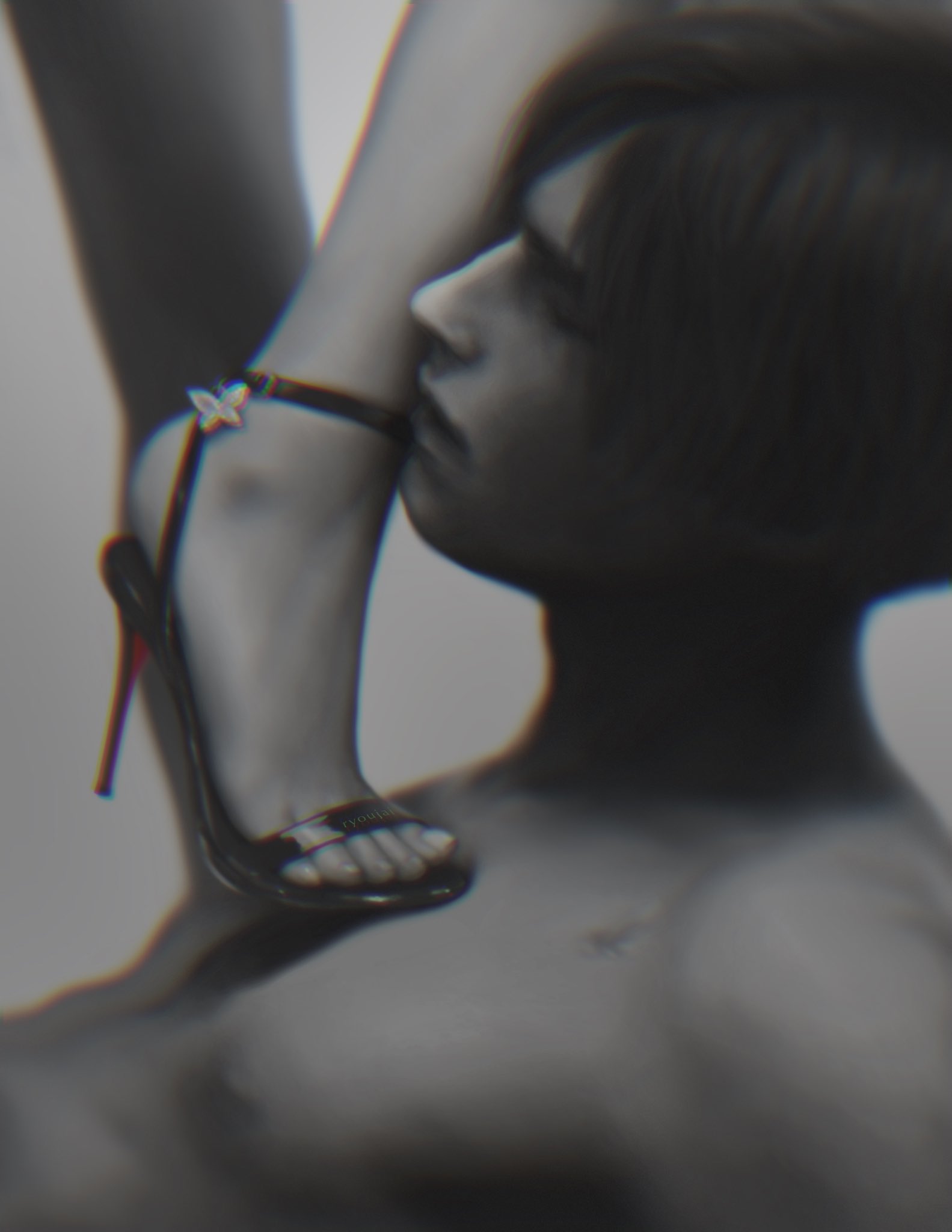 1boy, 1girls, 2d, 3d, ada wong, ada wong (adriana), capcom, dominant female, feet, female, femdom, foot fetish, foot worship, footwear, high heels, leon scott kennedy, leon scott kennedy (eduard badaluta), male, malesub, monochrome, naked, naked male, nude, nude male, nude male clothed female, resident evil, resident evil 2, resident evil 2 remake, resident evil 4, resident evil 4 remake, ryoujai, simple background, stepped on, stepping on chest, straight, submissive male, tagme