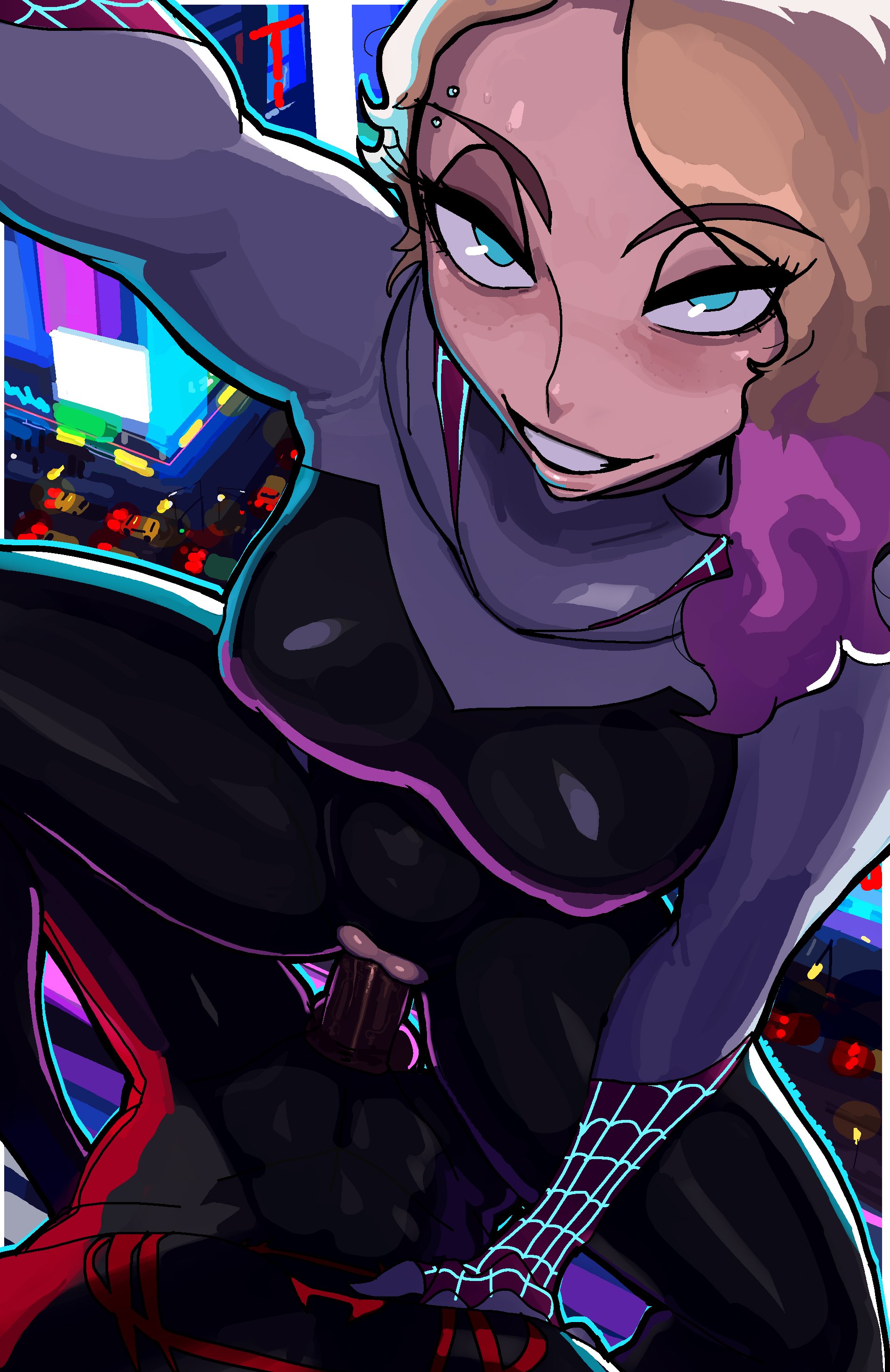 1boy, 1girls, 2d, arm support, bedroom eyes, big breasts, big penis, blonde hair, blue eyes, bodysuit, breasts, canon couple, city, colored, couple, cowgirl position, dark skin, dark-skinned male, dolecat, dominant female, dyed hair, eyebrow piercing, female, female focus, gwen stacy, gwen stacy (spider-verse), half-closed eyes, hoodie, interracial, latex, looking at viewer, male, marvel, marvel comics, miles morales, mounting, multicolored hair, naughty face, nipples, nipples visible through clothing, penetration, penis, penis in pussy, perky breasts, piercing, pov, pussy, ripped clothing, romantic couple, sex, smile, smug, spider-gwen, spider-man, spider-man (series), spider-man: into the spider-verse, straddling, straight, superhero, superhero costume, superheroine, thick thighs, thighs, white skin