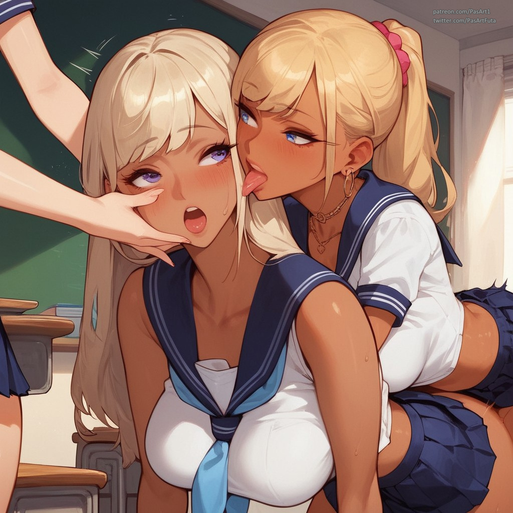 3girls ai_generated classroom dry_humping face_lick gyaru implied_futanari licking_face pasart school_uniform schoolgirl seduction teenager yuri