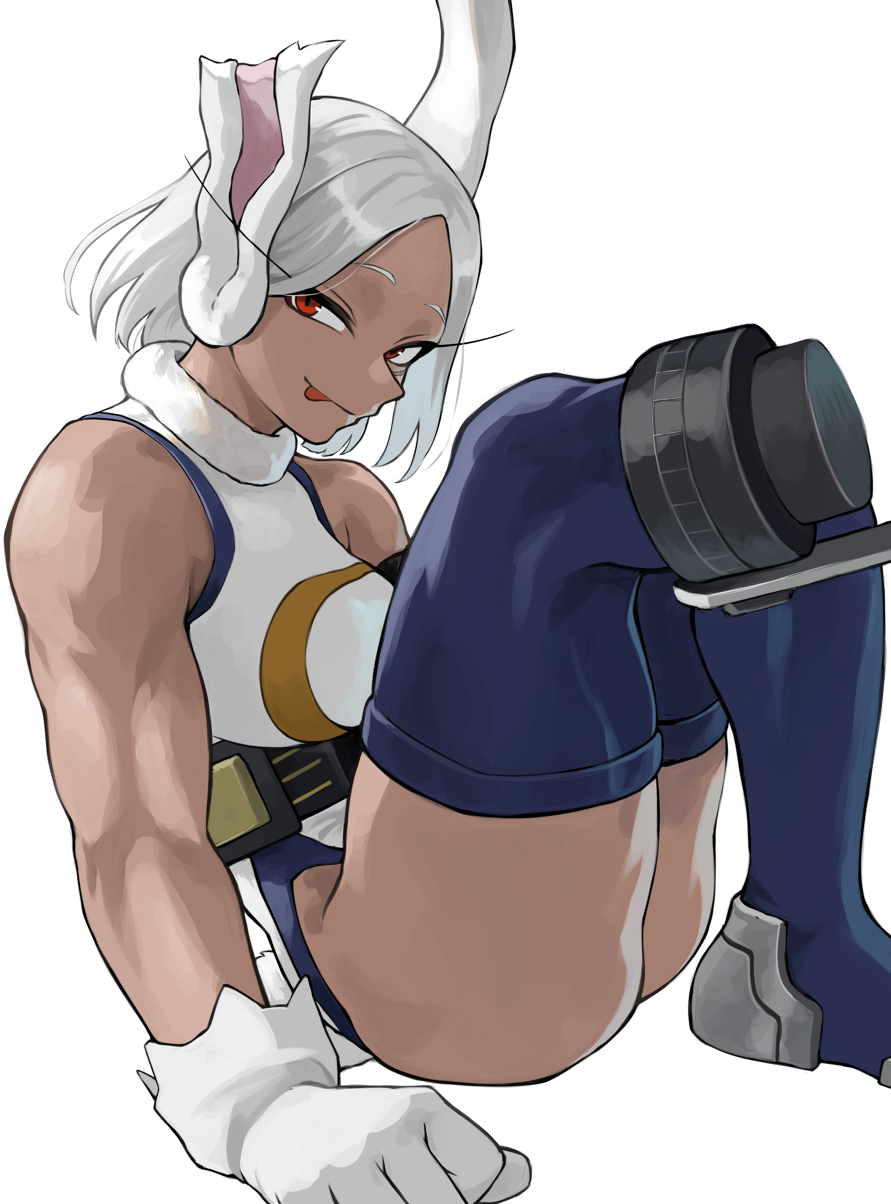absurdres, amputee, animal ears, bare shoulders, big breasts, blue thighhighs, boku no hero academia, breasts, crescent print, dark skin, dark-skinned female, female, fengling (furin-jp), furin0241, gloves, highres, large breasts, leotard, long eyelashes, looking at viewer, mirko, miruko, my hero academia, parted bangs, rabbit ears, rabbit girl, rabbit tail, red eyes, rumi usagiyama, short hair, simple background, smile, solo, tail, thick thighs, thighhighs, thighs, tongue, tongue out, turtleneck, turtleneck leotard, usagiyama rumi, white background, white gloves, white hair, white leotard