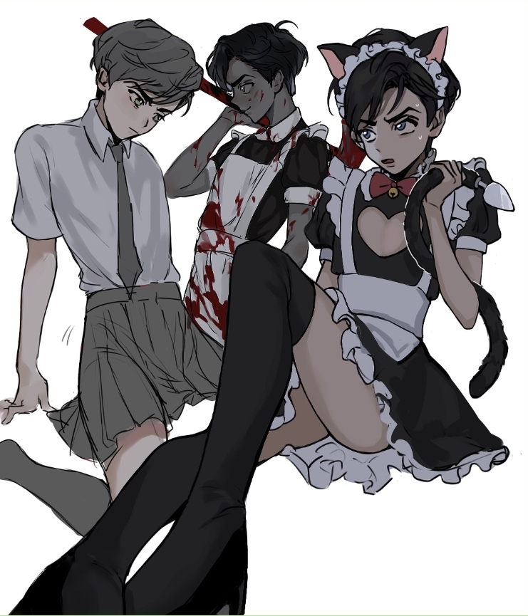 1boy 58_year_old black_tie black_tie_(suit) blood blood_on_clothes bowtie boy cat_ears cat_tail catboy clean collared_shirt crossdressing dark_hair femboy five_hargreeves killer maid maid_outfit red_bowtie shirt simple_background skirt socks tagme teen teenager tie umbrella_academy white_background