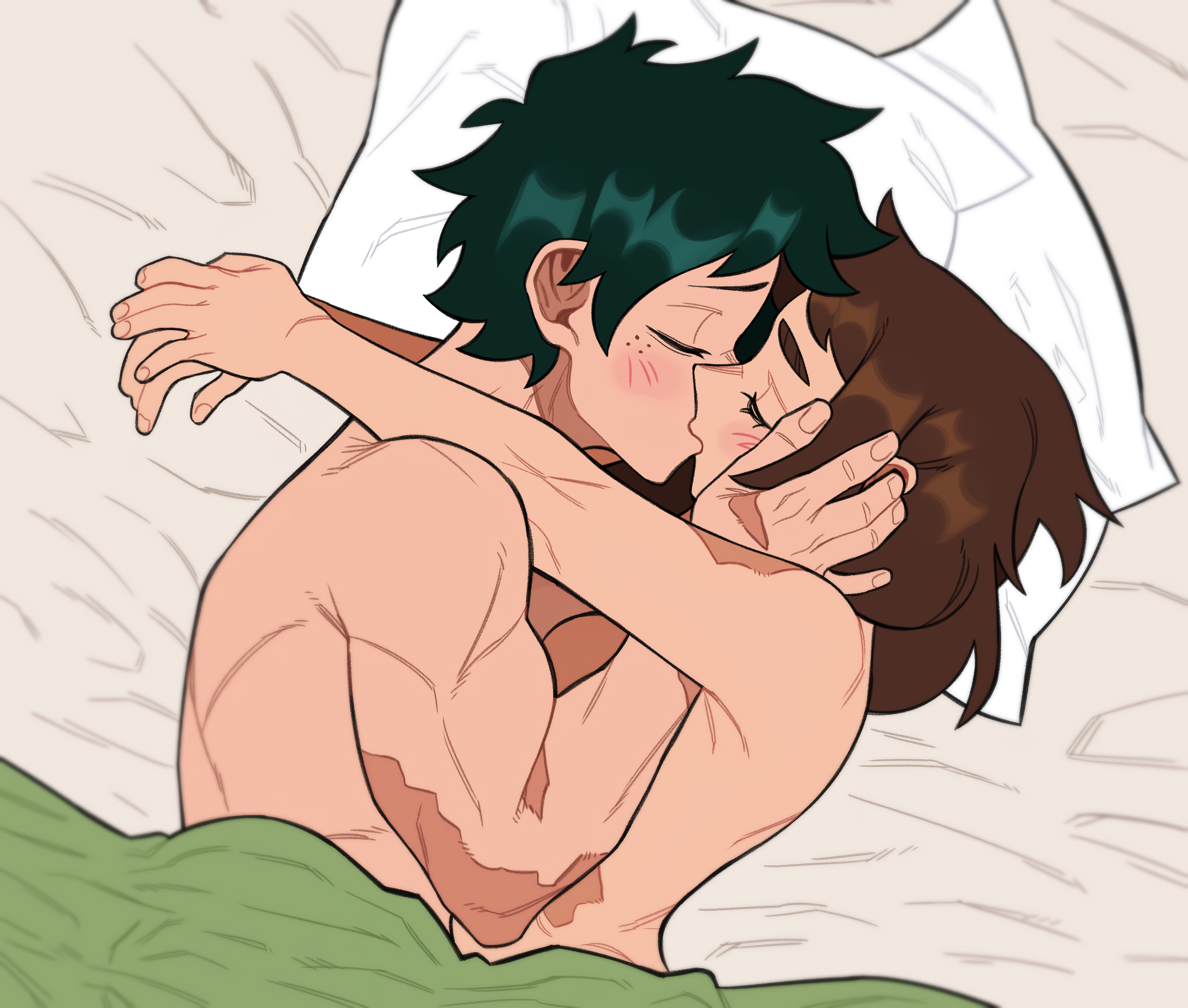 1boy, 1girls, absurd res, after sex, bed, blush, blush lines, brown hair, brown-haired female, canon couple, closed eyes, color, cuddling, cute, female, green hair, green-haired male, highres, holding head, hugging, in bed, izuku midoriya, kiss, kissing, male, messy hair, my hero academia, naked, ochako uraraka, passionate kiss, pillow, romantic, romantic couple, scars, voidloop, wholesome
