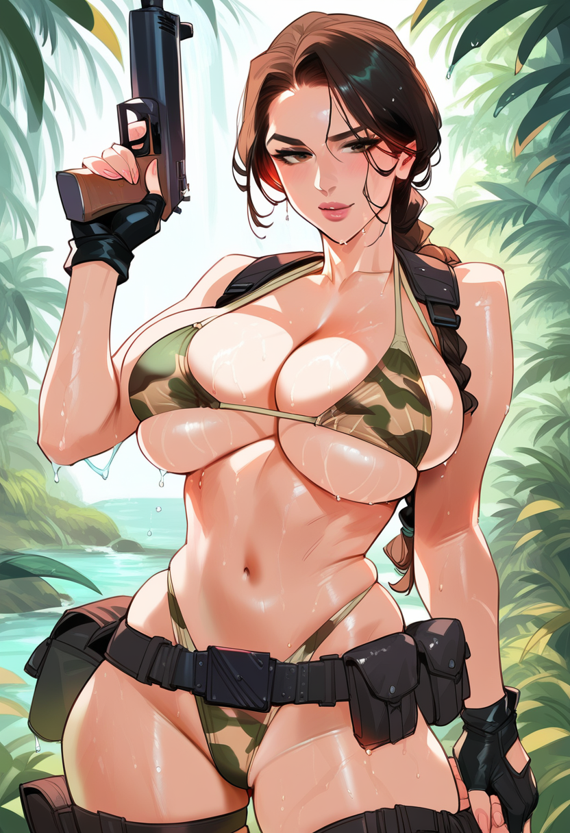 2d, ai generated, big breasts, bikini, braid, braided hair, breasts, camouflage, female, female focus, female only, gun, hellblueboy4, holster, jungle, lara croft, lara croft (classic), outdoors, ponytail, solo, solo focus, tagme, tomb raider, wet body