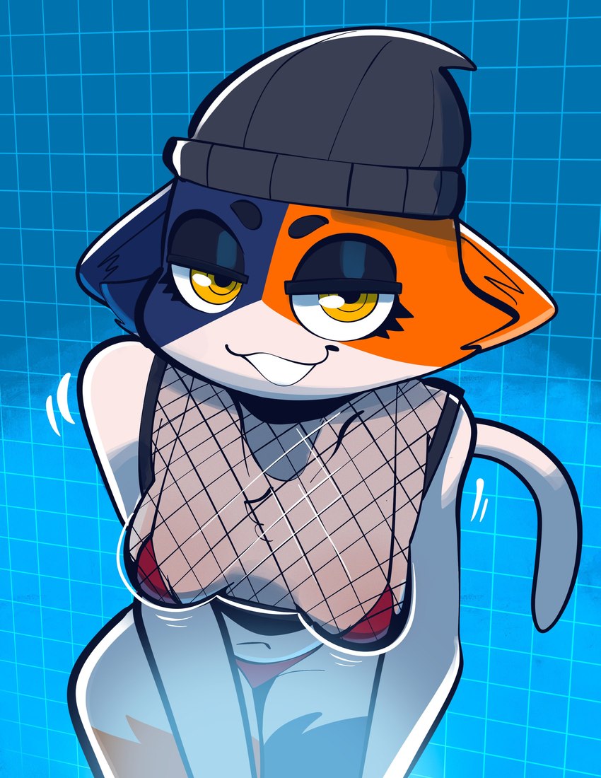 2024 absurd_res anthro beanie bedroom_eyes bikini bikini_bottom bikini_top black_beanie black_clothing black_eyeshadow black_hat black_headwear blue_background blue_body blue_fur calico_cat cel_shading clothing domestic_cat epic_games eyeshadow felid feline felis female fishnet_clothing fishnet_topwear fortnite fur gabbah geometric_background grid_background grin hat headgear headwear hi_res leaning leaning_forward looking_at_viewer makeup mammal meow_skulls_(fortnite) multicolored_body multicolored_fur narrowed_eyes navel noseless orange_body orange_fur pattern_background portrait red_bikini red_clothing red_swimwear seductive shaded simple_background smile solo swimwear three-quarter_portrait topwear two-piece_swimsuit white_body white_fur yellow_eyes