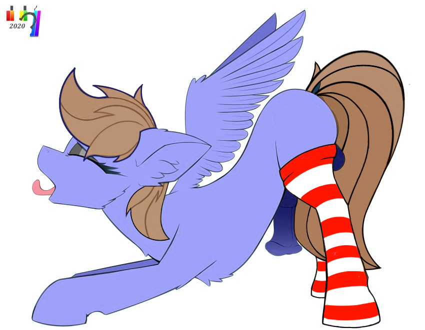 bending_over bent_over blue_body blue_fur blue_skin brown_hair cadence_(mlp) closed_eyes cock female futa_only futanari grey_eyeshadow my_little_pony oc oc_(mlp) pegasus penis pony side_view socks striped_socks wings