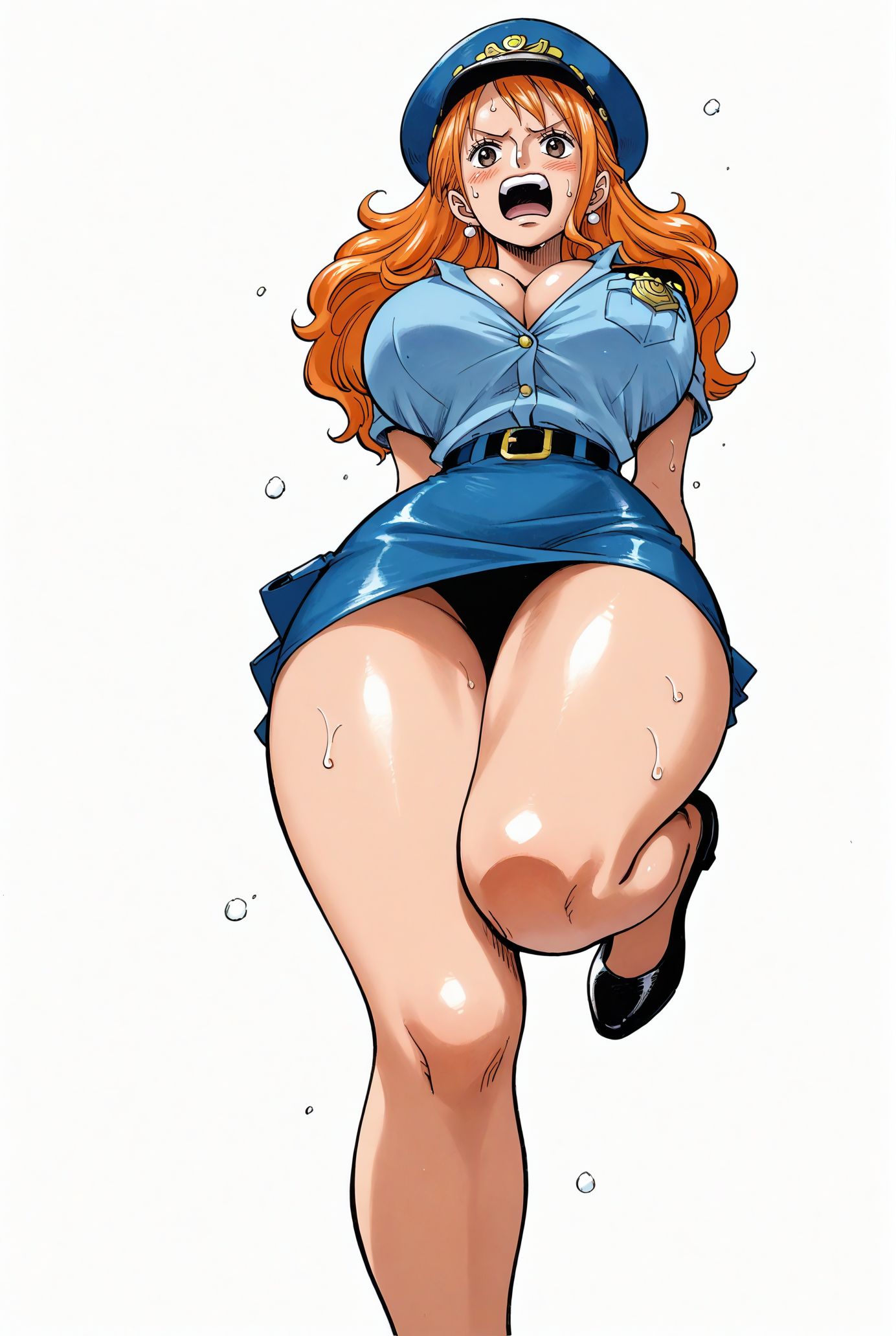 ai_generated alluring big_breasts blush breasts brown_eyes cleavage female female_only kneeling long_hair looking_at_viewer nami nami_(one_piece) one_leg_up one_piece open_mouth orange_hair police_hat police_officer police_uniform policewoman seducing seduction seductive seductive_body seductive_eyes seductive_gaze seductive_look seductive_mouth seductive_pose shiny_hair shiny_skin skirt sweat sweatdrop sweating sweaty sweaty_body voluptuous voluptuous_female yashin