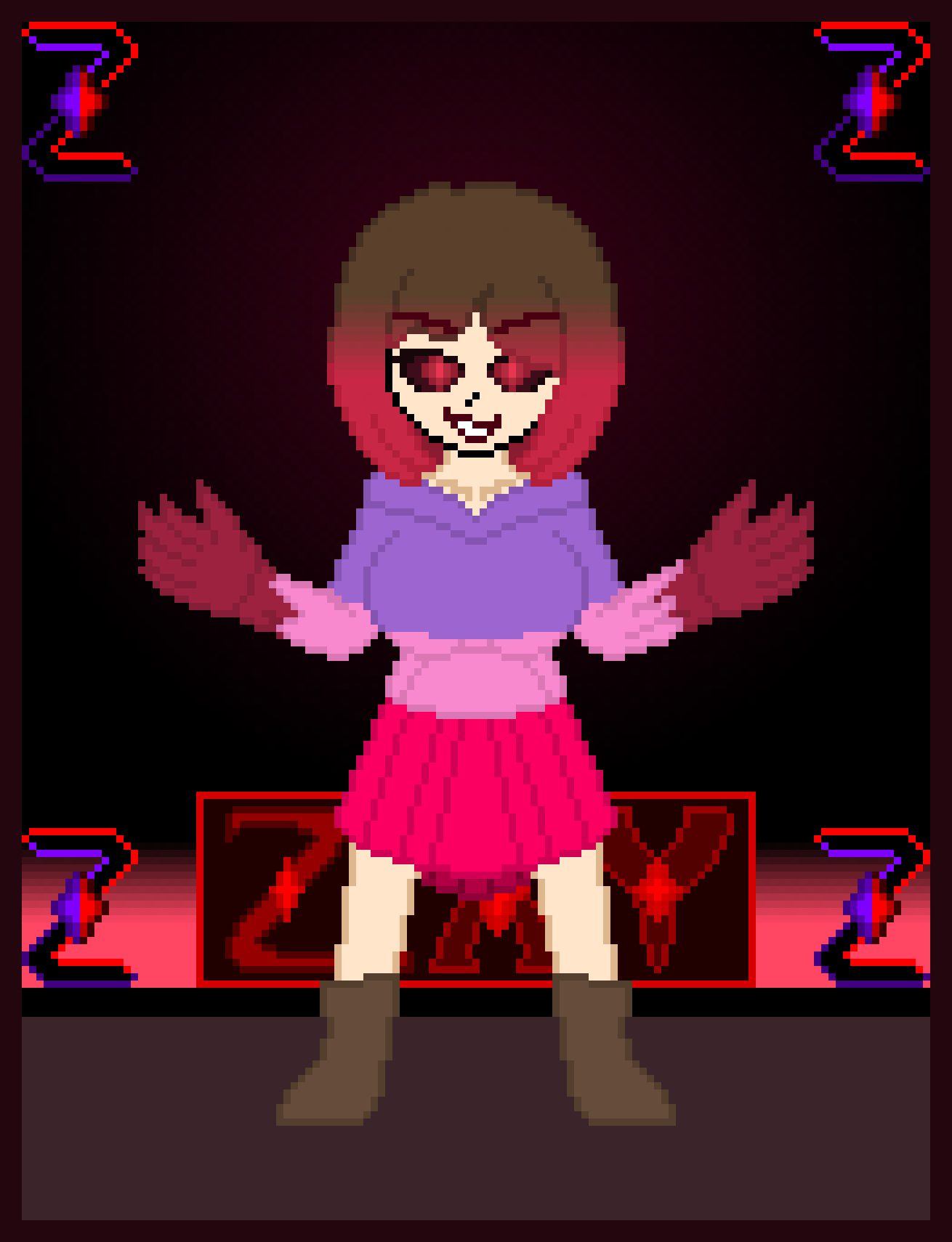 bete_noire betty_noire black_background black_eyes boots brown_hair glitchtale pink_sweater pixel pixel_art purple_sweater red_eyes skirt wearing_clothes zixy