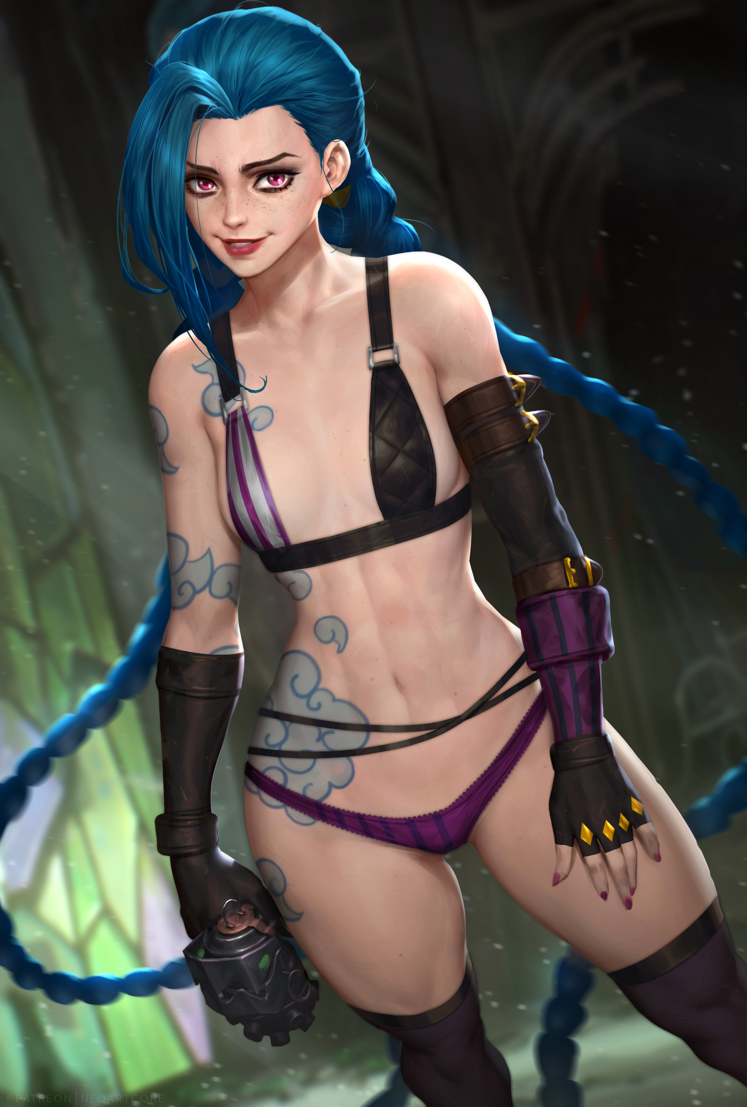 1girls, absurd res, arcane, arcane jinx, blue hair, bra, breasts, female, flat chest, hi res, jinx (league of legends), league of legends, light skin, light-skinned female, lingerie, neoartcore, paid reward, pale skin, pale-skinned female, panties, patreon reward, picot trim, picot trim panties, purple panties, realistic, riot games, small breasts, solo female, solo focus