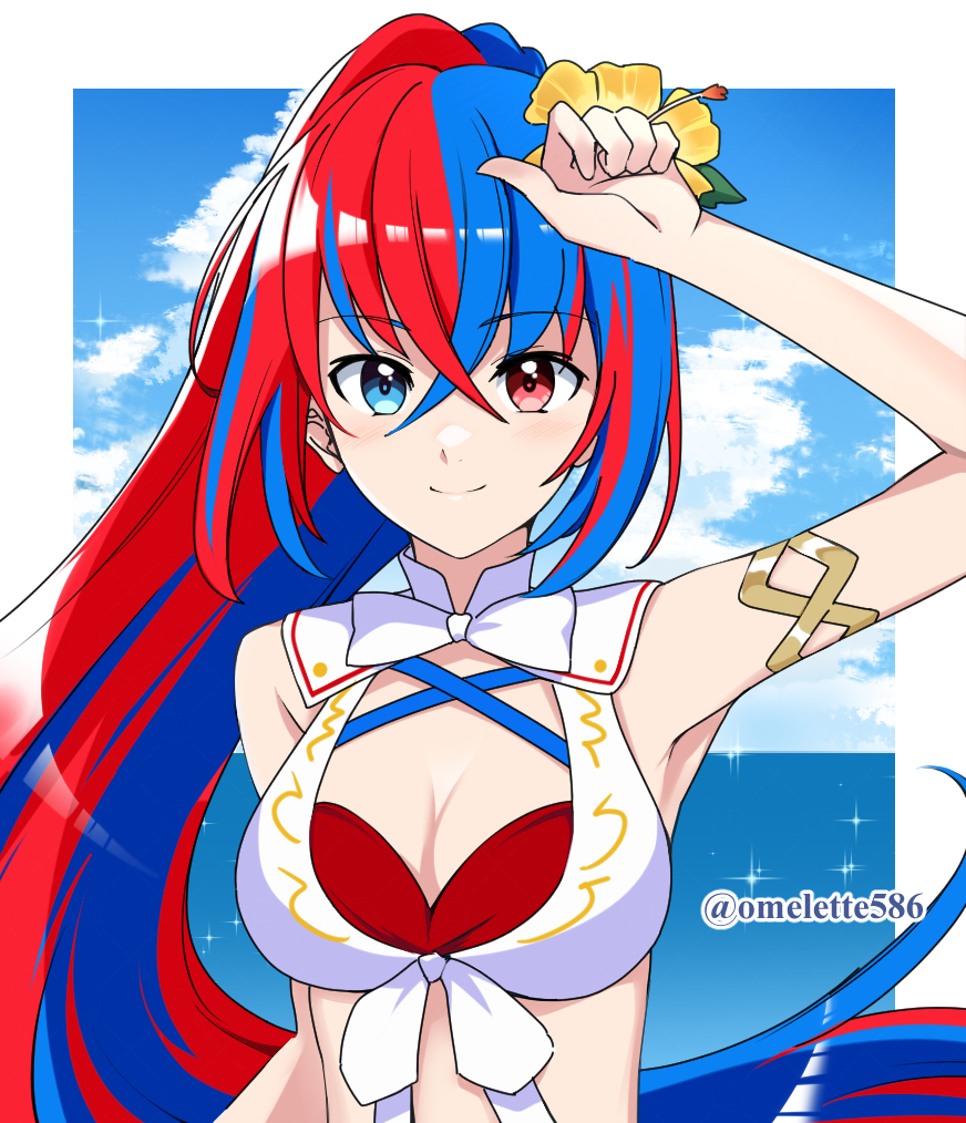 1girls alear_(female)_(fire_emblem) alear_(female)_(seaside_dragon)_(fire_emblem) alear_(fire_emblem) alternate_costume alternate_hairstyle bikini blue_bikini blue_eyes blue_hair blue_swimsuit breasts cleavage criss-cross_halter crossed_bangs female female_only fire_emblem fire_emblem_engage fire_emblem_heroes gold_armlet halterneck heterochromia komurice large_breasts long_hair multicolored_bikini multicolored_clothes multicolored_hair nintendo official_alternate_costume official_alternate_hairstyle ponytail red_bikini red_eyes red_hair red_swimsuit smile solo split-color_hair swimsuit two-tone_hair very_long_hair white_bikini white_swimsuit