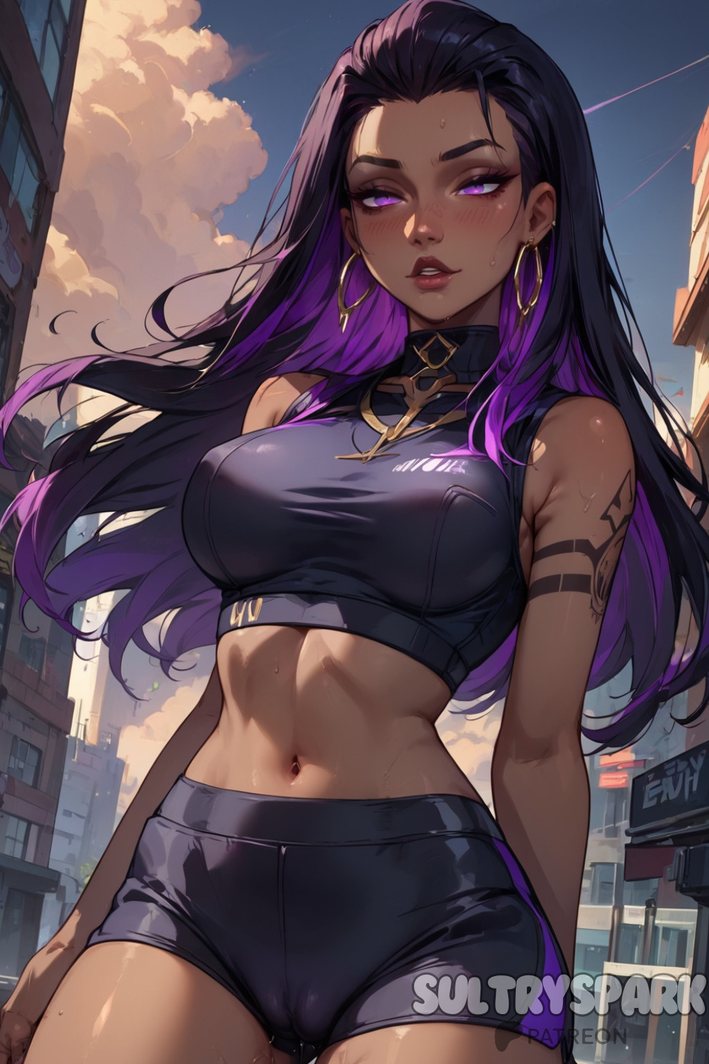 1female 1females 1girls 1woman ai_generated artist_name black_female black_skin breasts brown_skin cameltoe character female futarush gym_uniform latina latina_female medium_breasts patreon patreon_username purple_eyes purple_hair reyna_(valorant) riot_games sports sports_bra sports_panties sports_shorts sportswear sultryspark tan tanned tanned_female tanned_skin valorant video_game video_games