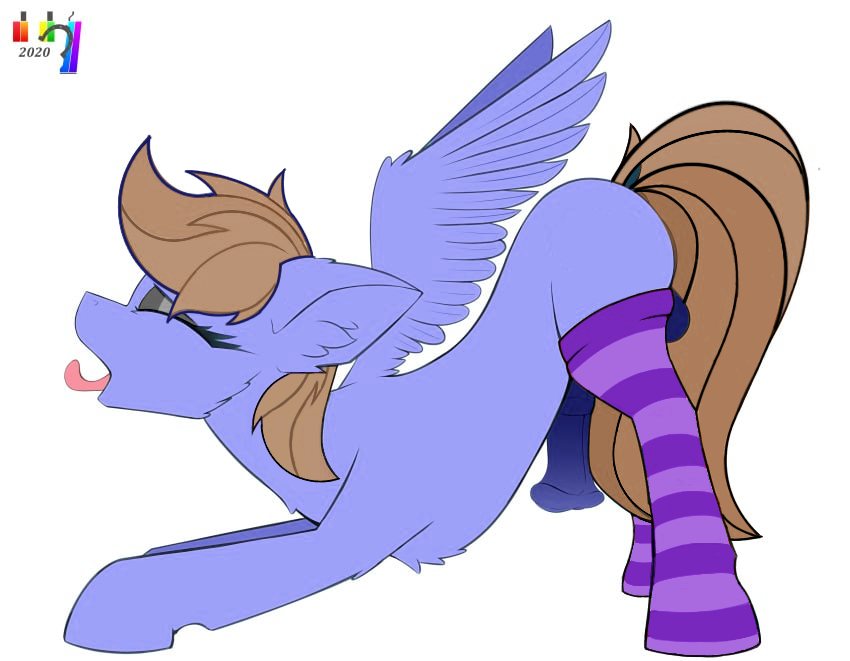 bending_over bent_over blue_body blue_fur blue_skin brown_hair cadence_(mlp) closed_eyes cock female futa_only futanari grey_eyeshadow my_little_pony oc oc_(mlp) pegasus penis pony side_view socks wings