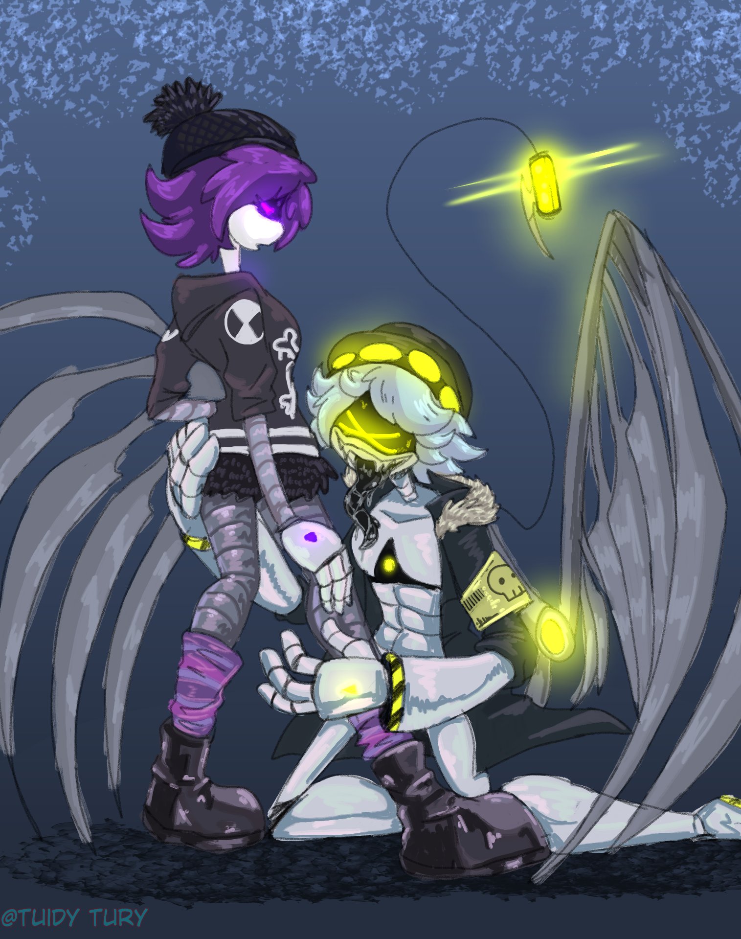 1boy, 1girls, 2d, canon couple, female, humanoid, male, murder drones, n (murder drones), robot, robot boy, robot girl, robot humanoid, screen face, tuidytury, uzi (murder drones)