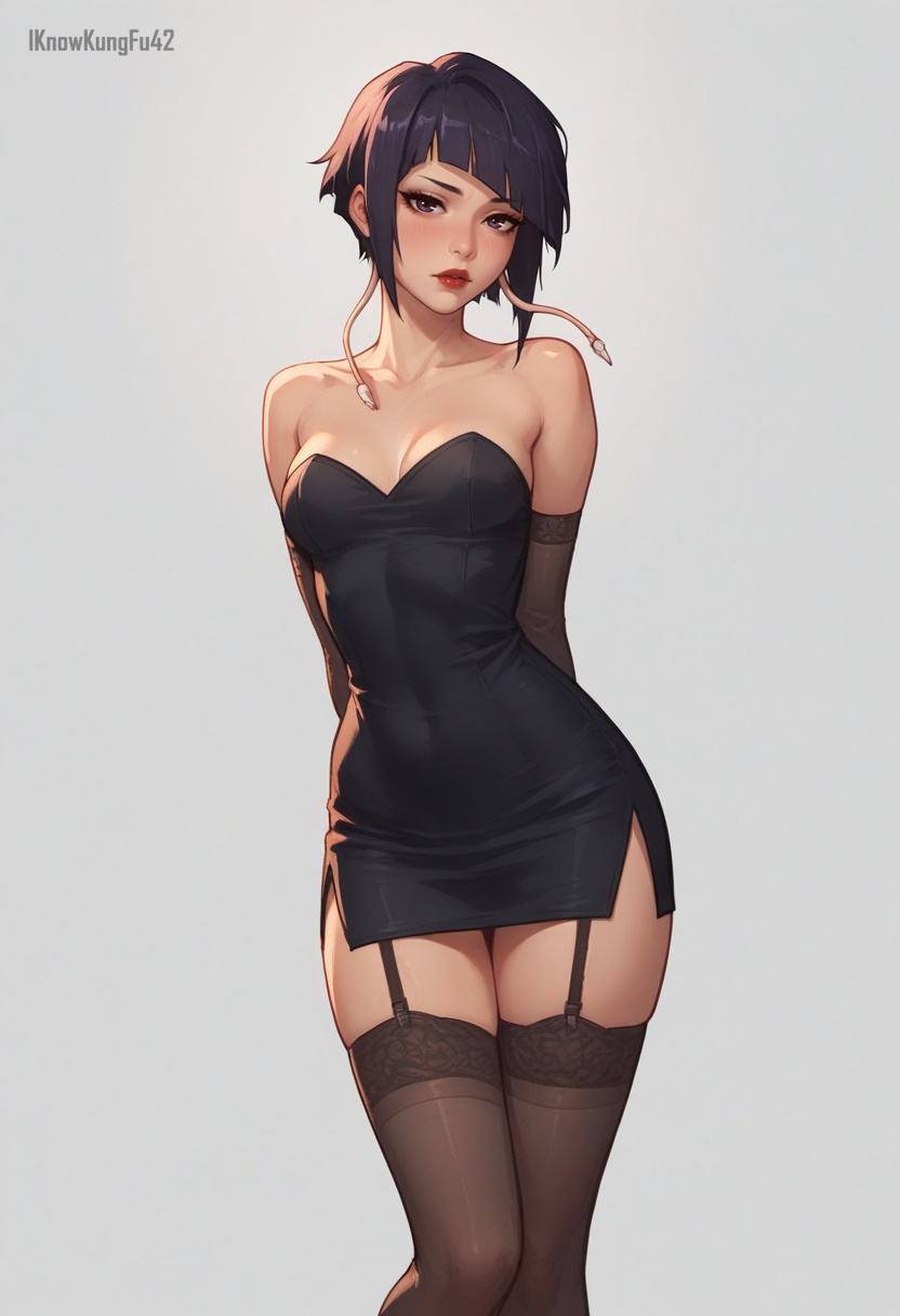 1girls ai_generated alternate_costume artist_name bare_shoulders black_clothing black_dress blush boku_no_hero_academia breasts cleavage clothed clothing dress elbow_gloves eyelashes female female_only garter_straps gloves hips human iknowkungfu42 kyoka_jiro legs_together light-skinned_female light_skin lips looking_at_viewer miniskirt my_hero_academia purple_eyes purple_hair red_lips red_lipstick short_hair short_skirt simple_background small_breasts solo stockings strapless thighhighs thighs thighs_together white_background zettai_ryouiki