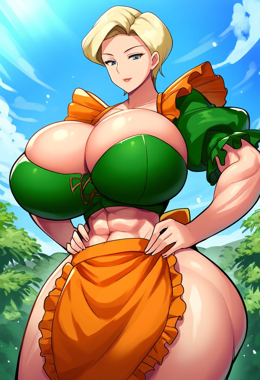 1girls abs ai_generated blonde_hair breasts cleavage dan16369336 female female_only frilled_apron frills hands_on_hips large_breasts light-skinned_female light_skin mature mature_female muscular muscular_female no_pants outside short_hair sky solo tagme tagme_(character) thick_thighs twitter_link voluptuous waist_apron