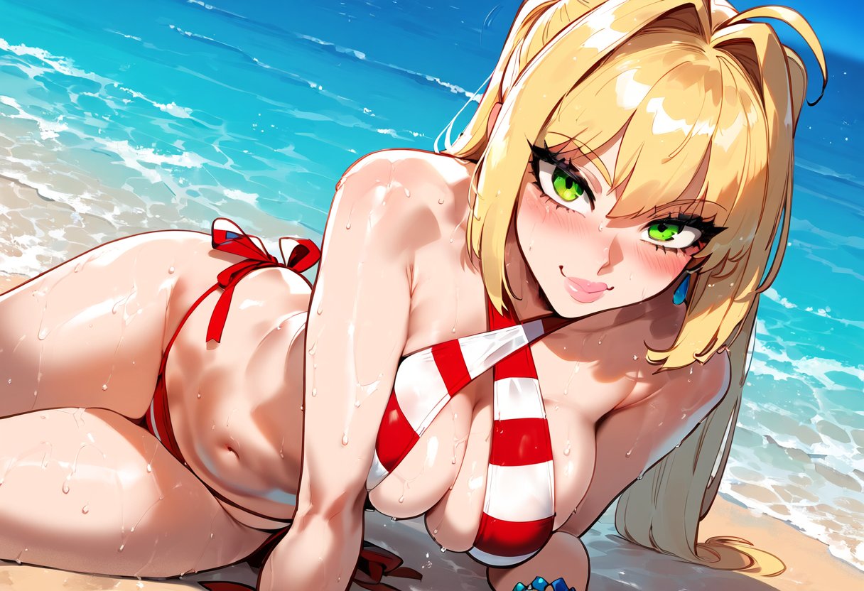 1girls ai_generated arm_support beach bikini blonde_hair breasts curvy eye_contact fate/extra fate/grand_order fate_(series) green_eyes hips lying lying_on_side nero_claudius_(fate) nero_claudius_(swimsuit_caster) pink_lips pose sea solo solo_focus swimsuit takeaway thick_lips thighs wet wide_hips