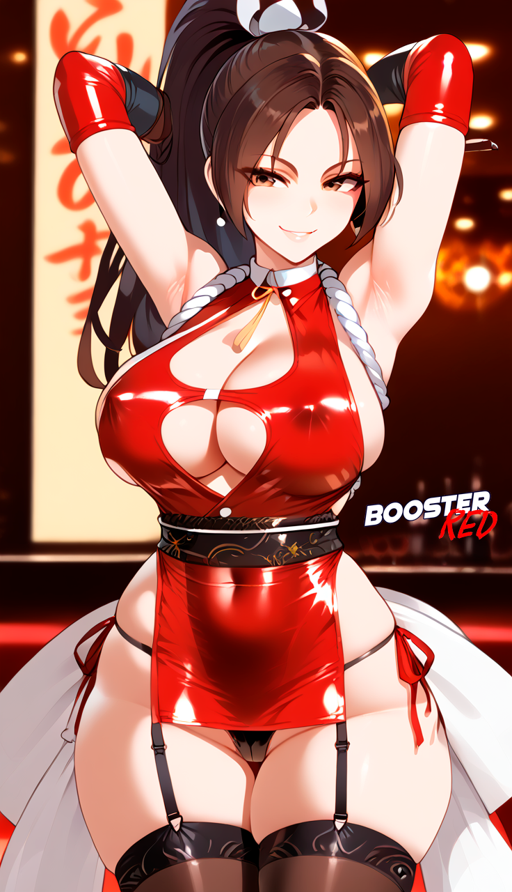 1girls adjusting_panties ai_generated arms_above_head bare_shoulder big_breasts bodycon boosterred99 bridal_gauntlets brown_eyes brown_hair busty cameltoe cleavage clothing_cutout covered_navel covered_nipples cutout dress female female_only king_of_fighters large_breasts latex_panties long_hair mai_shiranui parted_lips ponytail post-timeskip ring seductive seductive_smile sensual shiny_clothes side-tie_panties side_locks sideboob skirt smile solo stockings underboob voluptuous