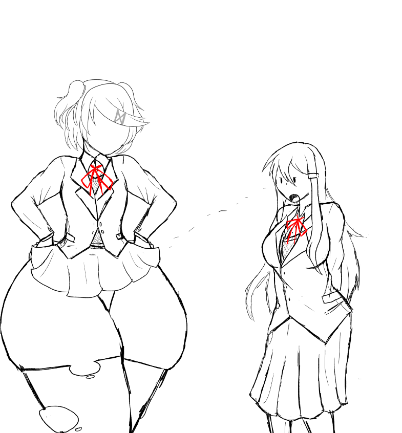 black_and_white breasts color doki_doki_literature_club female huge_thighs human human_only hyper hyper_thighs jimstersrevenge natsuki_(doki_doki_literature_club) skirt thick_thighs thighs wip work_in_progress yuri_(doki_doki_literature_club)