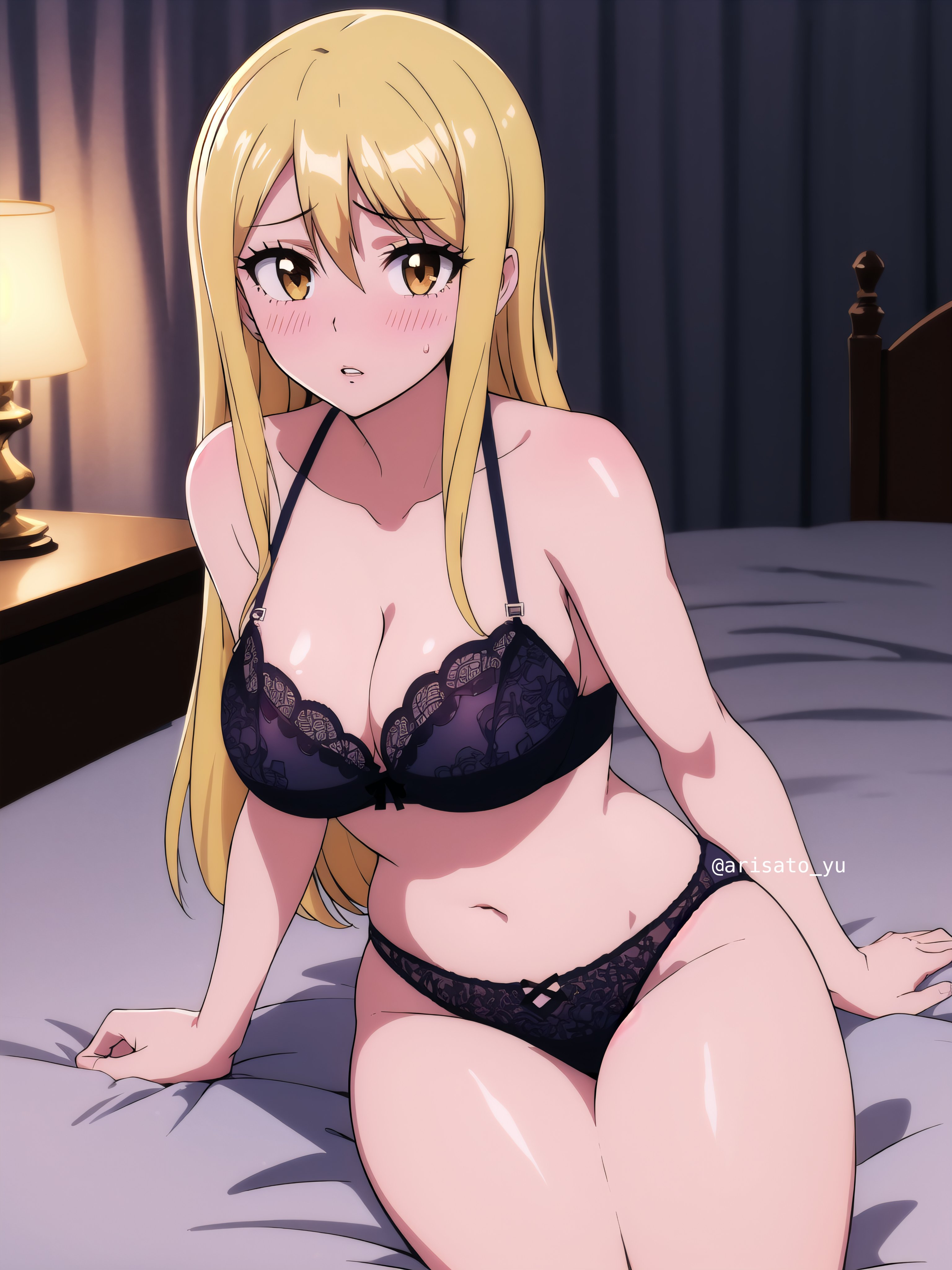 ai generated, arisato yu, big breasts, black bra, black lingerie, black panties, blonde female, blonde hair, blush, bra, breasts, brown eyes, fairy tail, female, large breasts, lingerie, lucy heartfilia, panties
