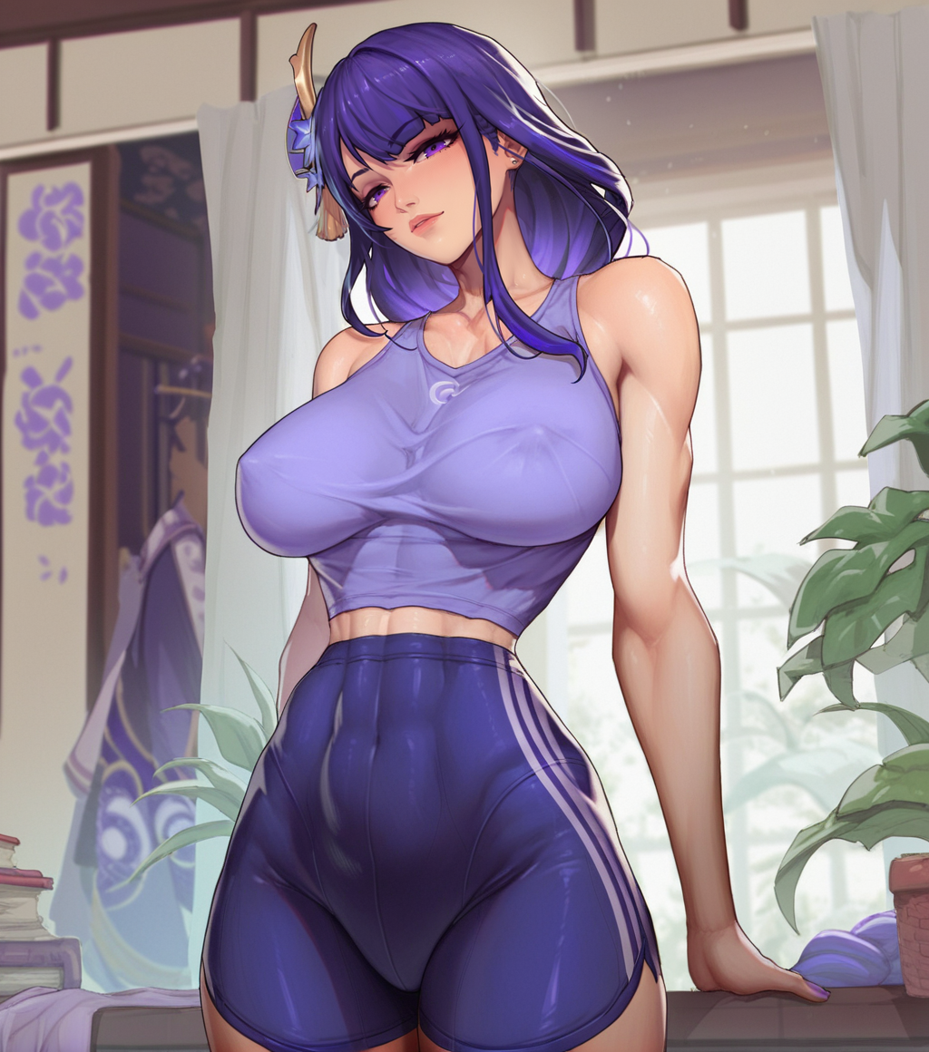 1girls 4narch157 abs ai_generated bare_arms bare_shoulders big_breasts blue_shorts blush clothed clothing color female female_focus female_only fit_female genshin_impact gym_clothes gym_uniform hi_res large_breasts light-skinned_female light_skin long_hair looking_at_viewer mihoyo muscles muscular muscular_female nipples_visible_through_clothing purple_eyes purple_hair raiden_shogun shorts solo solo_female tagme thick_thighs