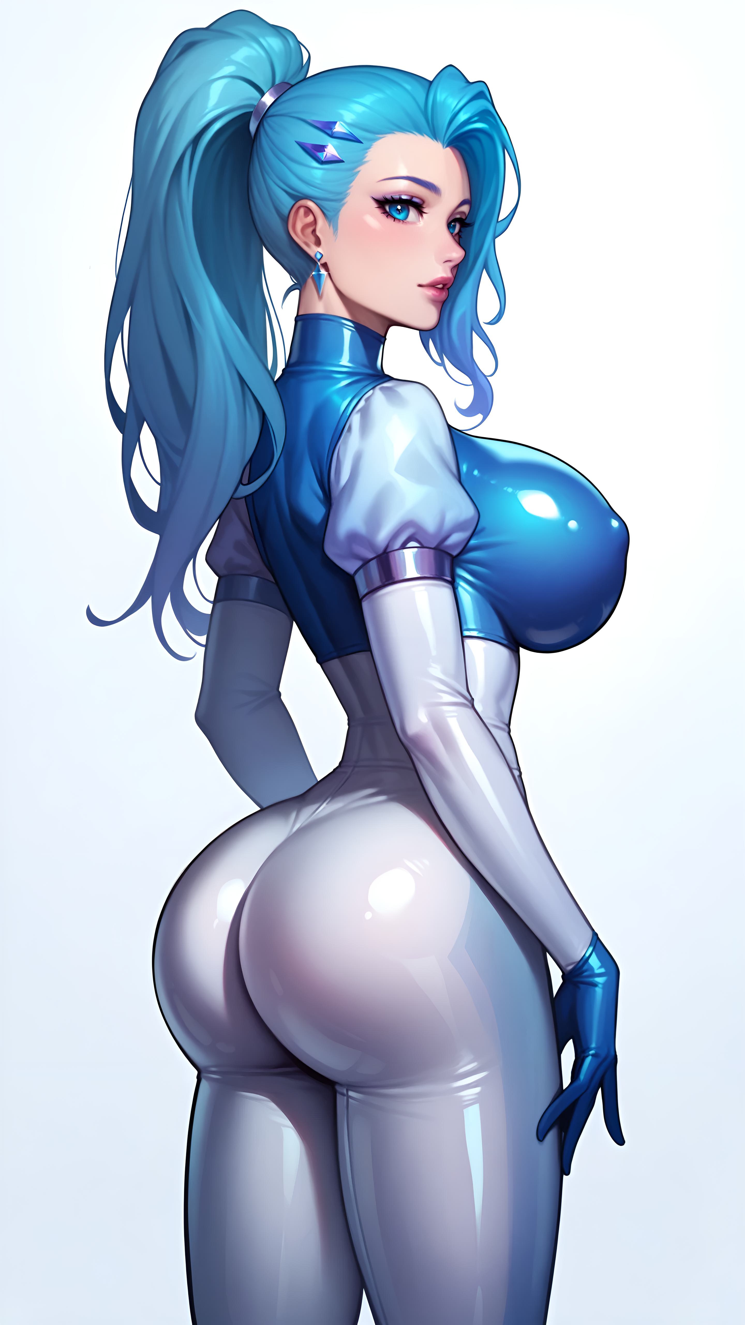 ai generated, ass, big breasts, breasts, fake breasts, female, from behind, from side, k/da all out seraphine, k/da all out series, large breasts, latex, latex bodysuit, latex clothing, latex thighhighs, league of legends, riot games, round breasts, seraphine (league of legends), sky4maleja, thick thighs, tight clothing