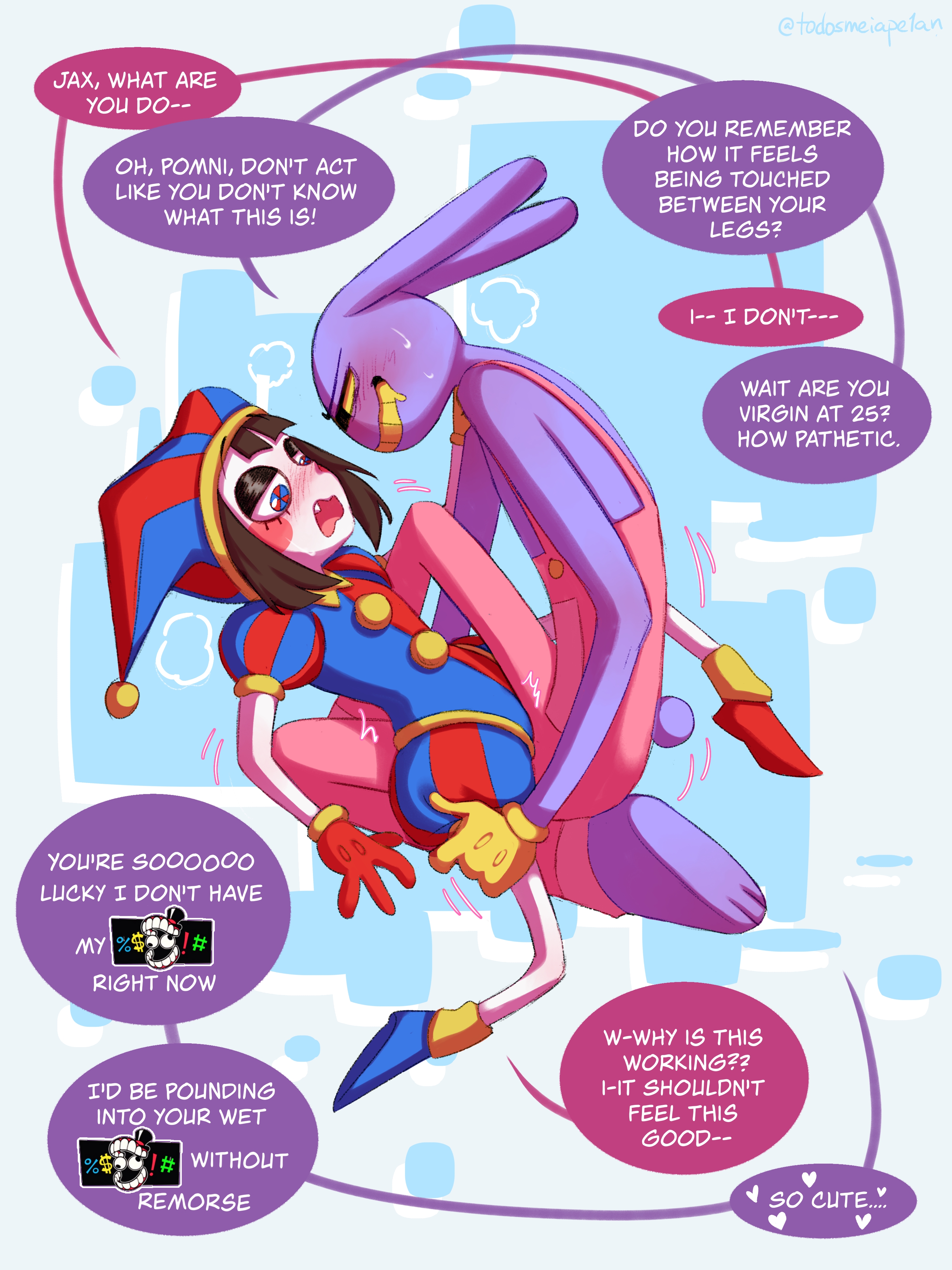 1boy, 1girls, anthro, blush, brown hair, bunny ears, clothed, clothed sex, clothing, comic, degradation, dominant male, drooling, dry humping, female, glitch productions, grabbing, jax (the amazing digital circus), jester, jester cap, jester hat, larger male, male, male/female, petite, pomni, pomni (the amazing digital circus), purple body, purple fur, scissoring, straight, text, text bubble, the amazing digital circus, todosmelapelan, tribadism