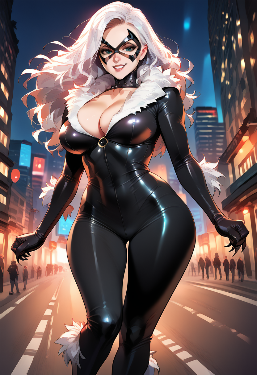 1girl 2d ai_generated black_bodysuit black_cat_(marvel) bodysuit cleavage domino_mask felicia_hardy female_focus female_only fur_trim hellblueboy4 light-skinned_female light_skin long_hair marvel marvel_comics mask outdoors solo solo_female solo_focus spider-man_(series) tagme white_hair