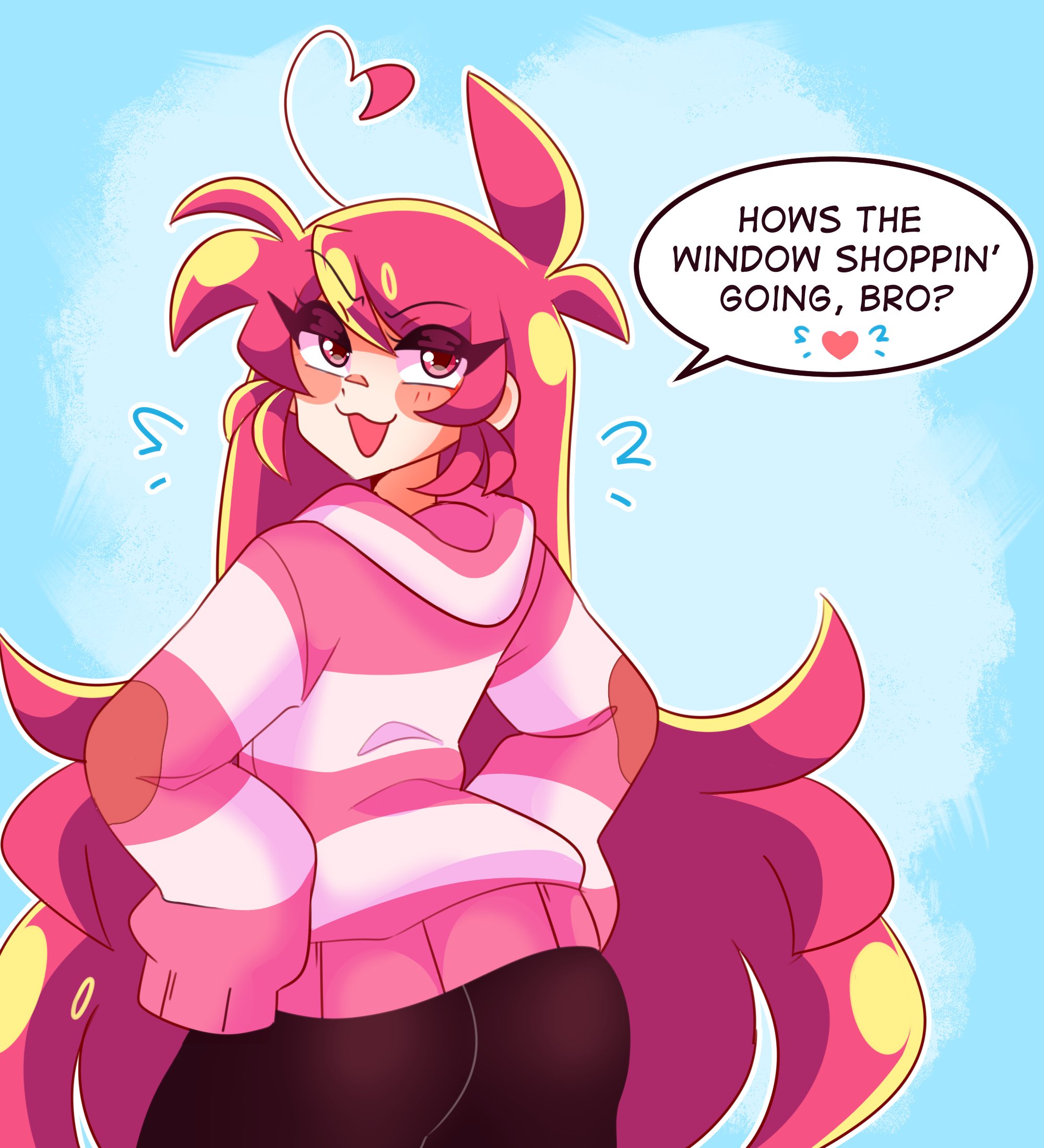 :3, ass, clothed, clothing, flirting, flirting with viewer, fully clothed, heart, lee (secretnarcissist), long hair, looking at viewer, pink eyes, pink hair, presenting, presenting hindquarters, secretnarcissist, seductive, showing ass, showing off, showing off ass, speaking to viewer, speech bubble, sweater, tagme, talking, talking to viewer, text, thick ass, thick thighs, thighs, viewed from behind