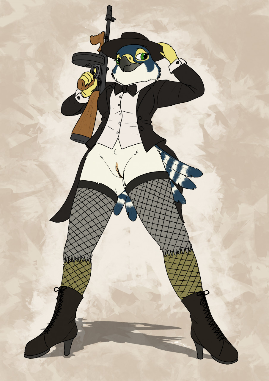 anthro avian bedroom_eyes bird black_tie_(suit) boots bottomless bow_tie classy clothed clothing falcon falconid fedora female firearm fish_birb fishnet footwear foreshortening genitals gun hat hat_tip headgear headwear hi_res high_heels katie_(fish_birb) legwear narrowed_eyes peregrine_falcon pussy ranged_weapon rifle seductive solo stockings submachine_gun suit thompson_submachine_gun weapon