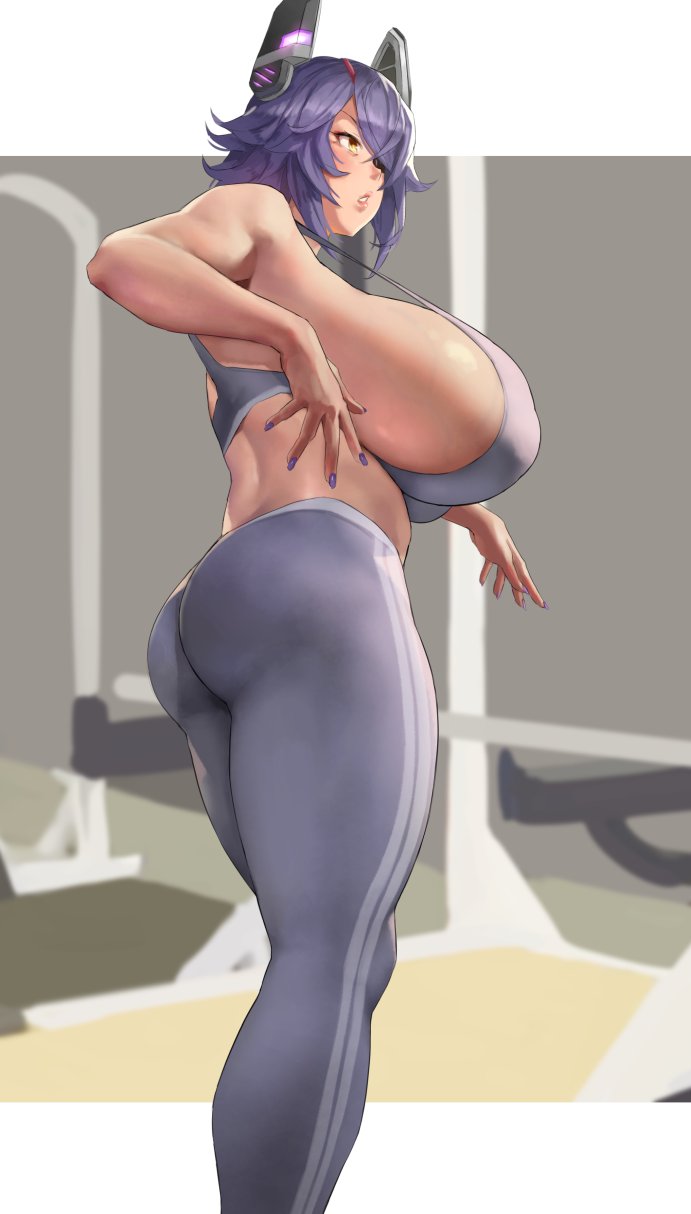 1girls ass big_ass big_breasts breasts bubble_butt enormous_breasts eu03 eye_patch feet_out_of_frame female female_only gym headgear huge_breasts kantai_collection mechanical_ears nail_polish purple_hair purple_nails short_hair skin_tight solo spiky_hair sports_bra sportswear tenryuu_(kantai_collection) tight_clothing yellow_eyes yoga_pants