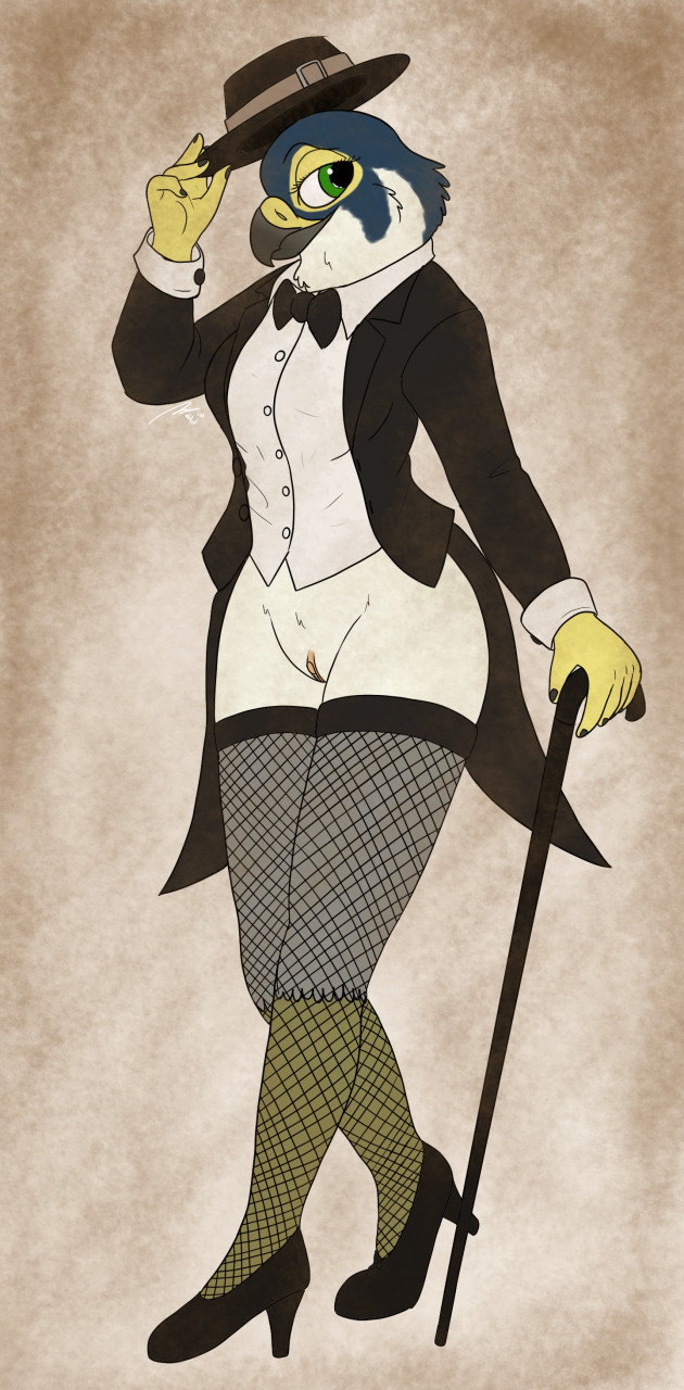 anthro avian bird black_tie_(suit) bottomless bow_tie cane classy clothed clothing falcon falconid fedora female fish_birb fishnet genitals hat headgear headwear hi_res high_heels katie_(fish_birb) legwear no_underwear peregrine_falcon pussy solo stockings suit