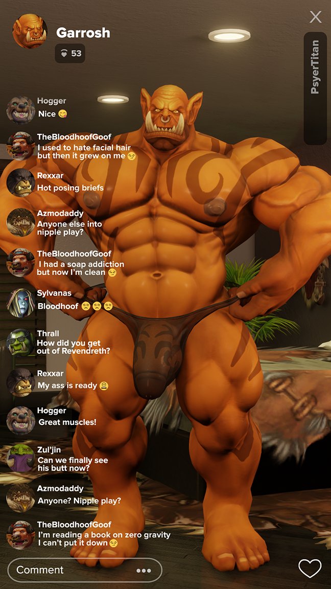 2021 3d 9:16 abs artist_name bara barazoku bed bedroom big_bulge big_muscles big_penis blizzard_entertainment bulge chat clothing_pull emoji english_text erection erection_under_clothing facial_piercing front_view furniture garrosh_hellscream genitals heart huge_muscles humanoid humanoid_genitalia humanoid_penis humanoid_pointy_ears indoors instagram joke jokes lace livestream looking_at_viewer male male_only mammal markings muscular muscular_humanoid muscular_male navel nipples nose_piercing nose_ring obliques orc pecs penis piercing plant plant_pot potted_plant psyertitan pun puns quads screen solo standing teeth text thong thong_pull translucent translucent_clothing translucent_thong translucent_underwear tusks underwear underwear_pull vein warcraft