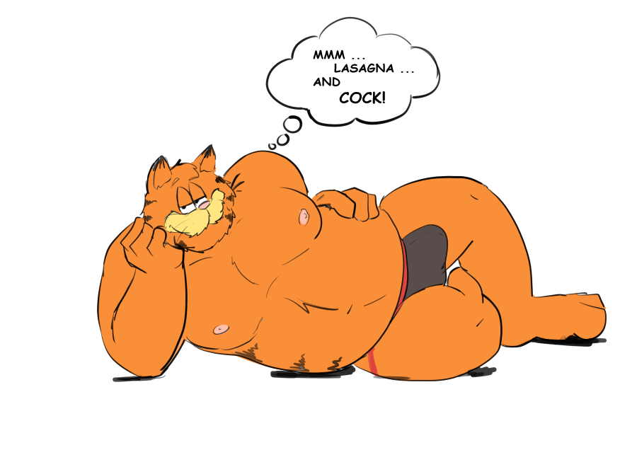 anthro belly bulge clothed clothing domestic_cat erection erection_under_clothing felid feline felis fur garfield_(series) garfield_the_cat hickeybickeyboo humor jockstrap male male_focus male_only mammal musclegut nipples orange_body orange_fur overweight pecs solo solo_male thought_bubble underwear