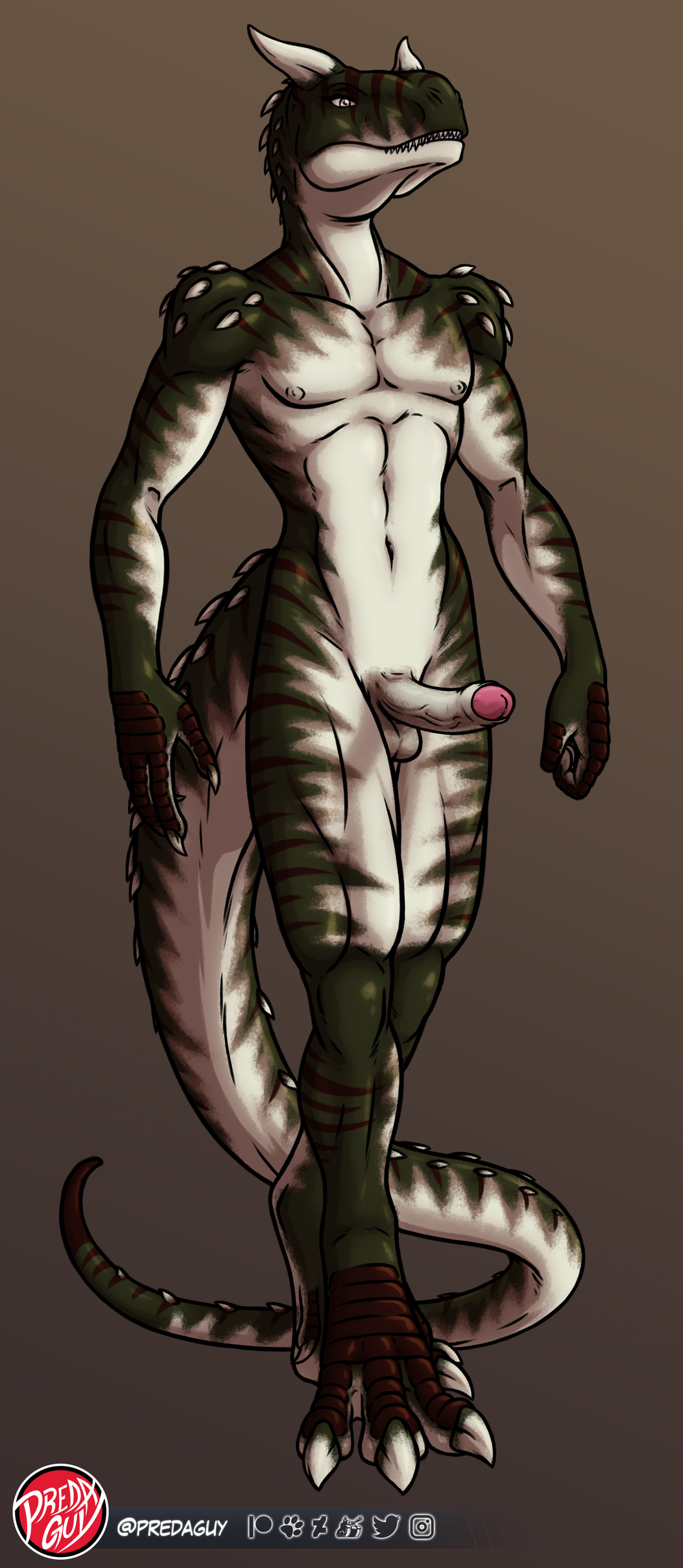 2021 2_horns 3_toes 4_fingers abelisaurid abs absurd_res adonis_(malthaeos) anthro arm_spikes artist_logo athletic athletic_anthro athletic_male balls biped brown_body brown_scales carnotaurus cel_shading claws countershade_face countershade_hands countershade_neck countershade_scales countershade_tail countershading digital_drawing_(artwork) digital_media_(artwork) digitigrade dinosaur dinosaur_boy erection feet finger_claws fingers foreskin front_view full-length_portrait genitals glans green_body green_scales grey_background grey_eyes head_spikes hi_res horn humanoid_genitalia humanoid_penis logo looking_at_viewer male male_only navel nipples nude partially_retracted_foreskin pecs penis pink_glans portrait predaguy reptile scales scalie shaded sharp_teeth shoulder_spikes simple_background solo spiked_tail spikes spikes_(anatomy) teeth theropod toe_claws toes urethra vein veiny_penis white_balls white_body white_countershading white_foreskin white_horn white_nipples white_penis