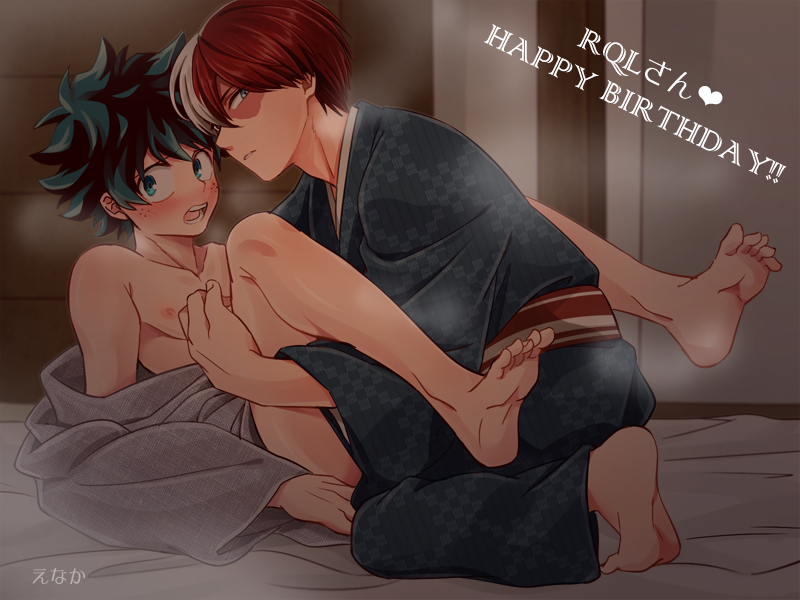 bed, blue eyes, brown eyes, chest, enaka (artist), feet, gay, green eyes, green hair, izuku midoriya, kimono, male, my hero academia, night, nipples, on bed, red eyes, red hair, shouto todoroki, white hair, yaoi