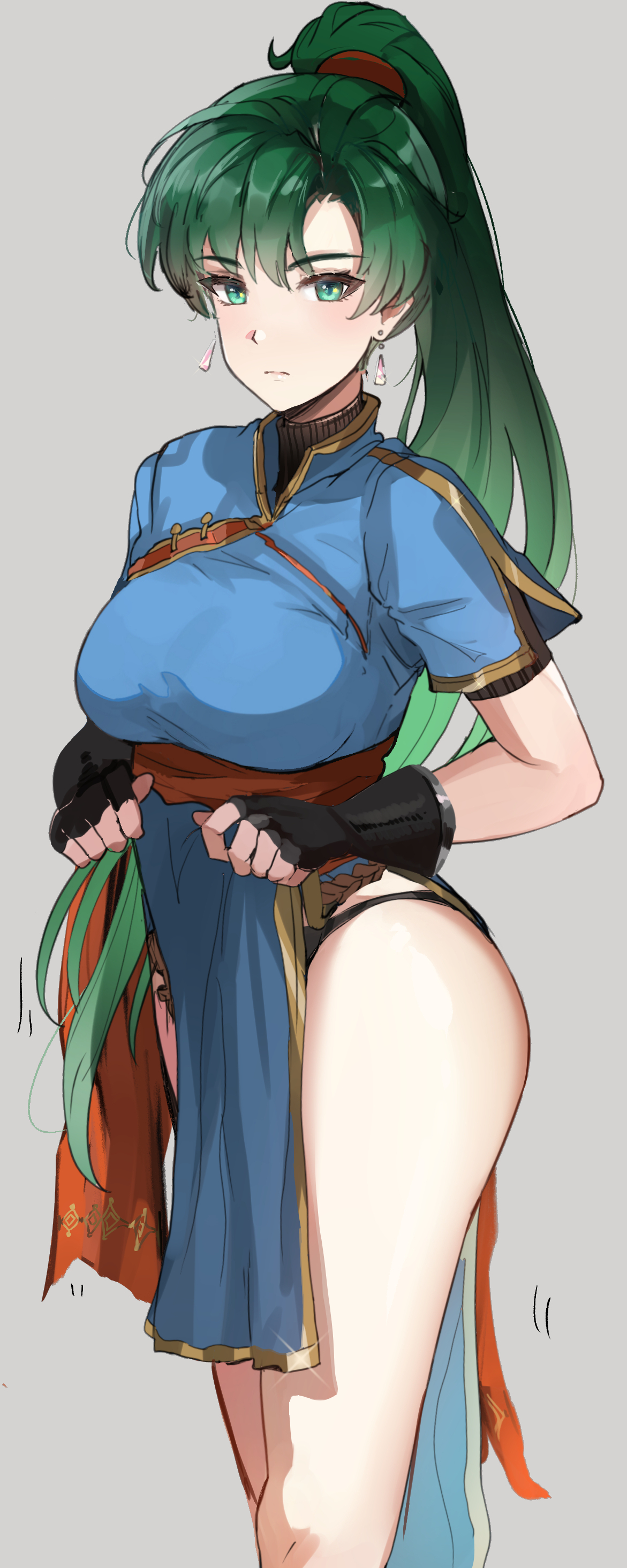 1girls, absurdres, asymmetrical bangs, bangs, bare legs, bare thighs, black gloves, black panties, blue dress, blush, breasts, clothes lift, dress, earrings, expressionless, female, female only, fingerless gloves, fire emblem, fire emblem: the blazing blade, glaring, gloves, gold trim, green eyes, green hair, high ponytail, highres, jewelry, large breasts, lifted by self, long hair, looking at viewer, lyn (fire emblem), lyndis (fire emblem), nintendo, ormille, panties, pelvic curtain, pelvic curtain lift, ponytail, presenting, short sleeves, solo, thighs, thong, underwear