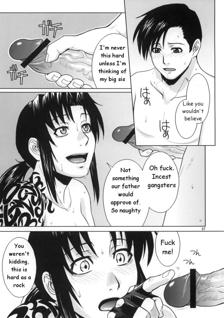 azasuke big_penis black_lagoon censored comic dialogue female kissing monochrome okajima_rokuro revy