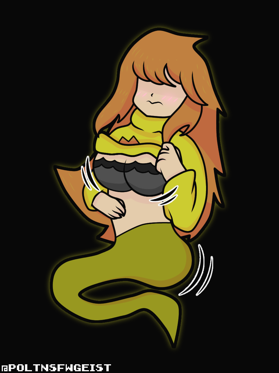 3:4 ass big_breasts black_background black_bra bouncing_breasts bra breasts exposed_breasts ghost ghost_girl green_clothing green_sweater large_breasts light_brown_hair long_hair looking_at_viewer nichtgeist signature simple_background toritsuki toritsuki_(amnesia) twitter_username yume_nikki_fangame