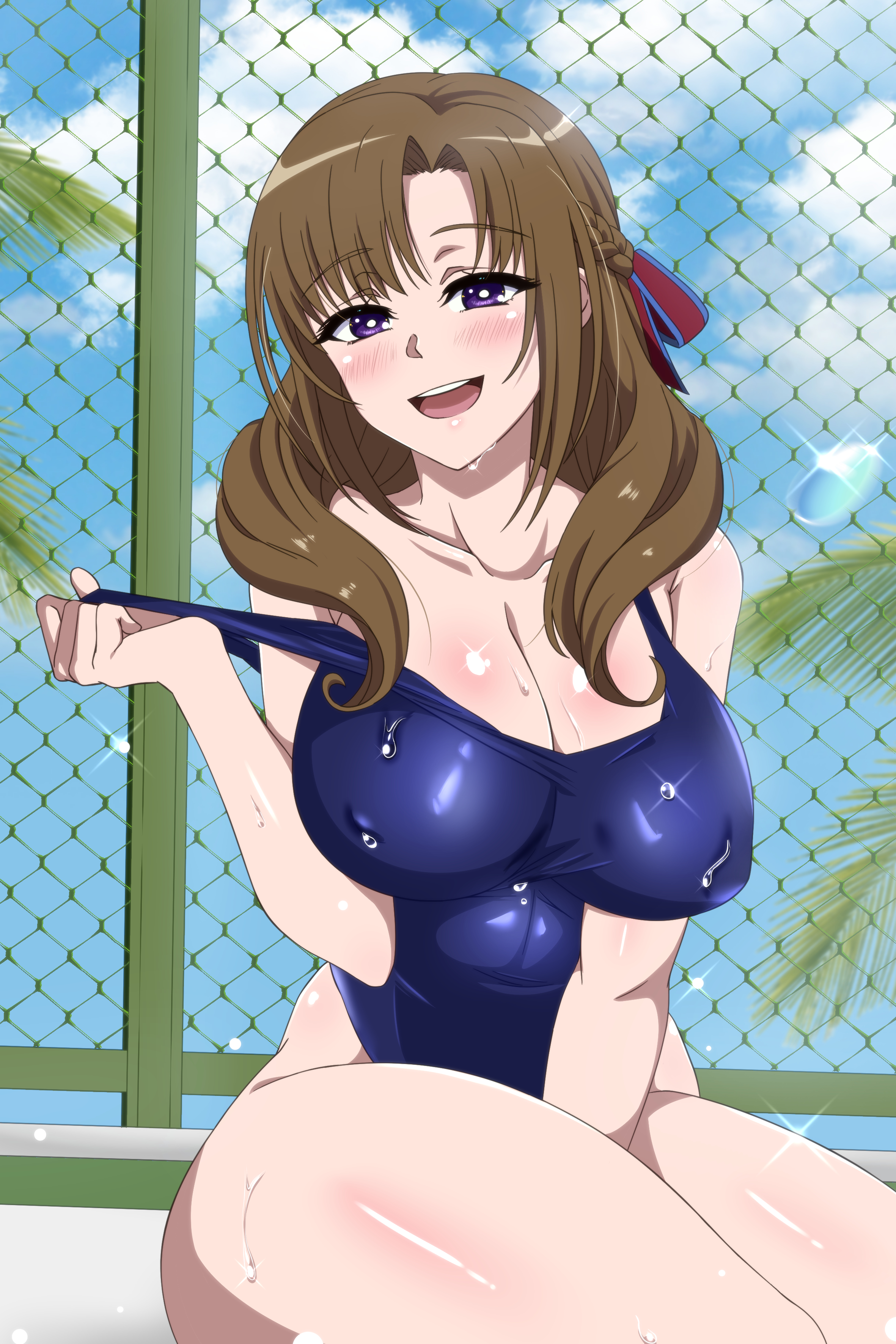 bare legs, bare shoulders, big breasts, blue swimsuit, blush, body blush, breasts, breasts bigger than head, brown hair, female, female only, fence, huge breasts, mature, mature female, milf, mother, off shoulder, one-piece swimsuit, oosuki mamako, pool, poolside, purple eyes, shiny, shiny clothes, shiny hair, shiny skin, skindentation, smile, soaked, solo, strap pull, strap slip, swimsuit, tease, teasing, thick, thick thighs, tight clothing, tsuujou kougeki ga zentai kougeki de ni-kai kougeki no okaasan wa suki desu ka?, undressing, wet body, wet clothes, wet skin, zorzero