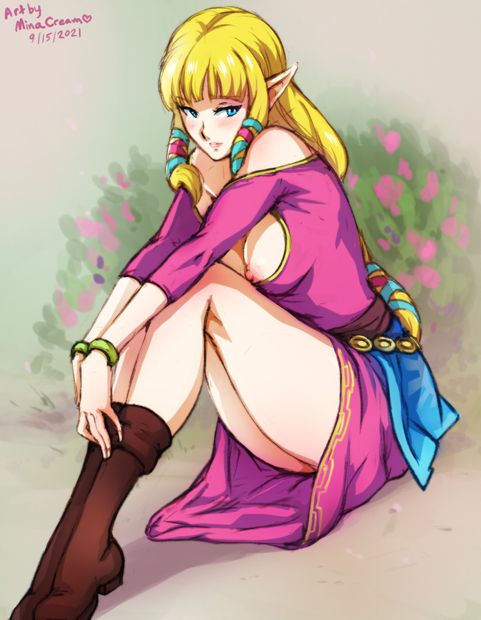 1girls, bare legs, bare shoulders, blonde hair, blue eyes, breasts, breasts out, female, female only, long hair, medium breasts, minacream, nintendo, nipples, no panties, pointy ears, princess zelda, sitting, skyward sword, solo, the legend of zelda, zelda (skyward sword)