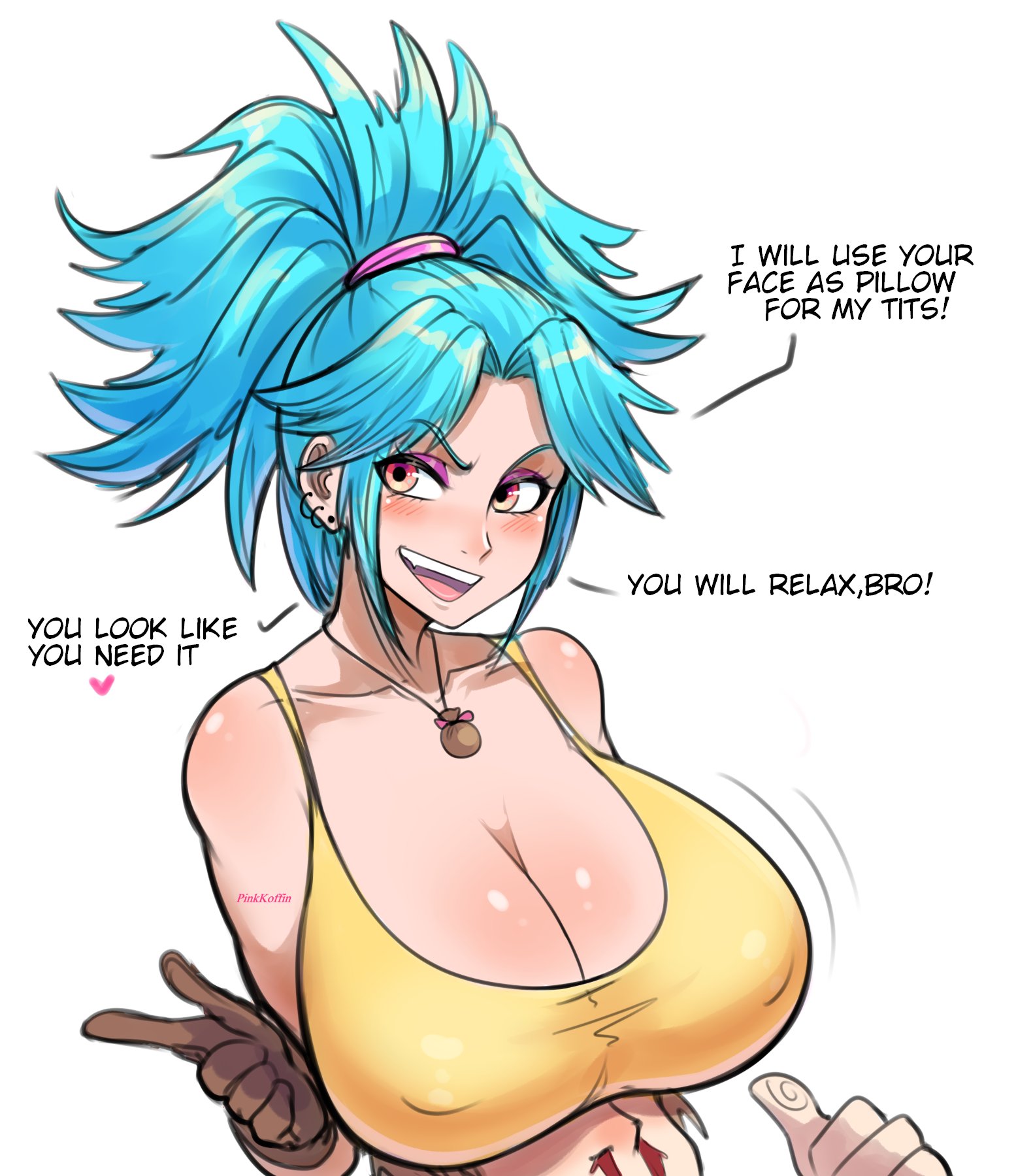big breasts, big hair, blue hair, breasts, busty, cleavage, confident, female, female only, heavy breasts, original, original character, pink eyes, pinkkoffin, sam (pinkkoffin), showing off breasts