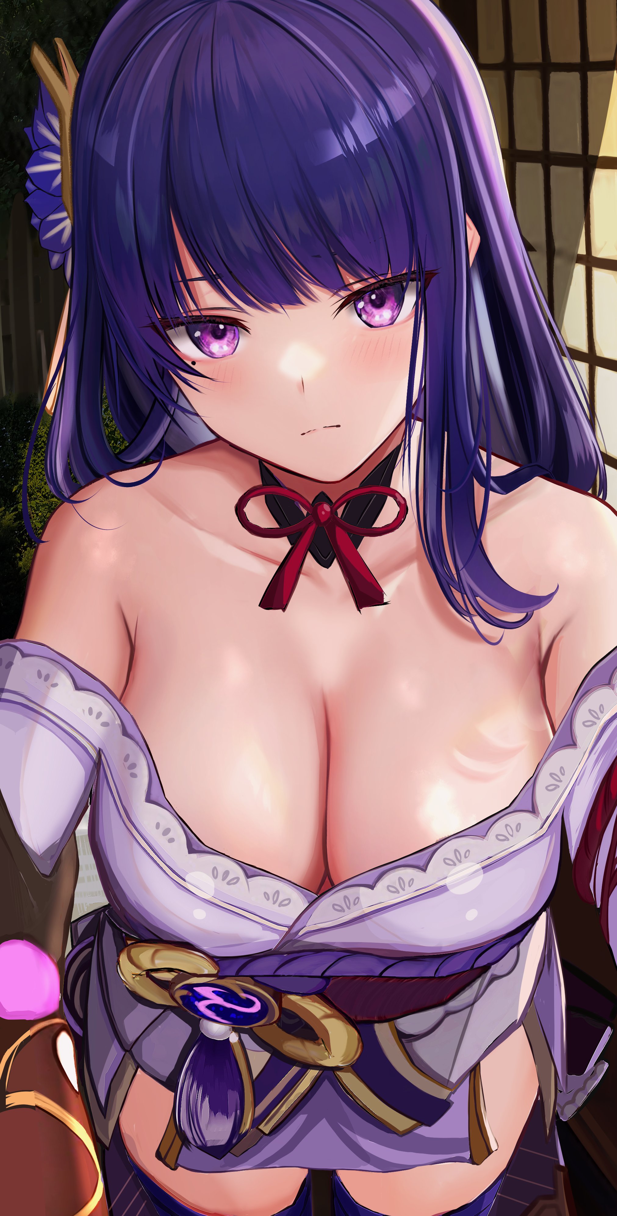 1girls, absurdres, aether (genshin impact), bangs, blush, breasts, cleavage, collarbone, detailed background, efuri (riarea00), female, genshin impact, hair ornament, highres, huge breasts, large breasts, long hair, looking at viewer, mole, mole under eye, purple eyes, purple hair, raiden shogun, shoulders, solo, thick, thick thighs, thighhighs, thighs
