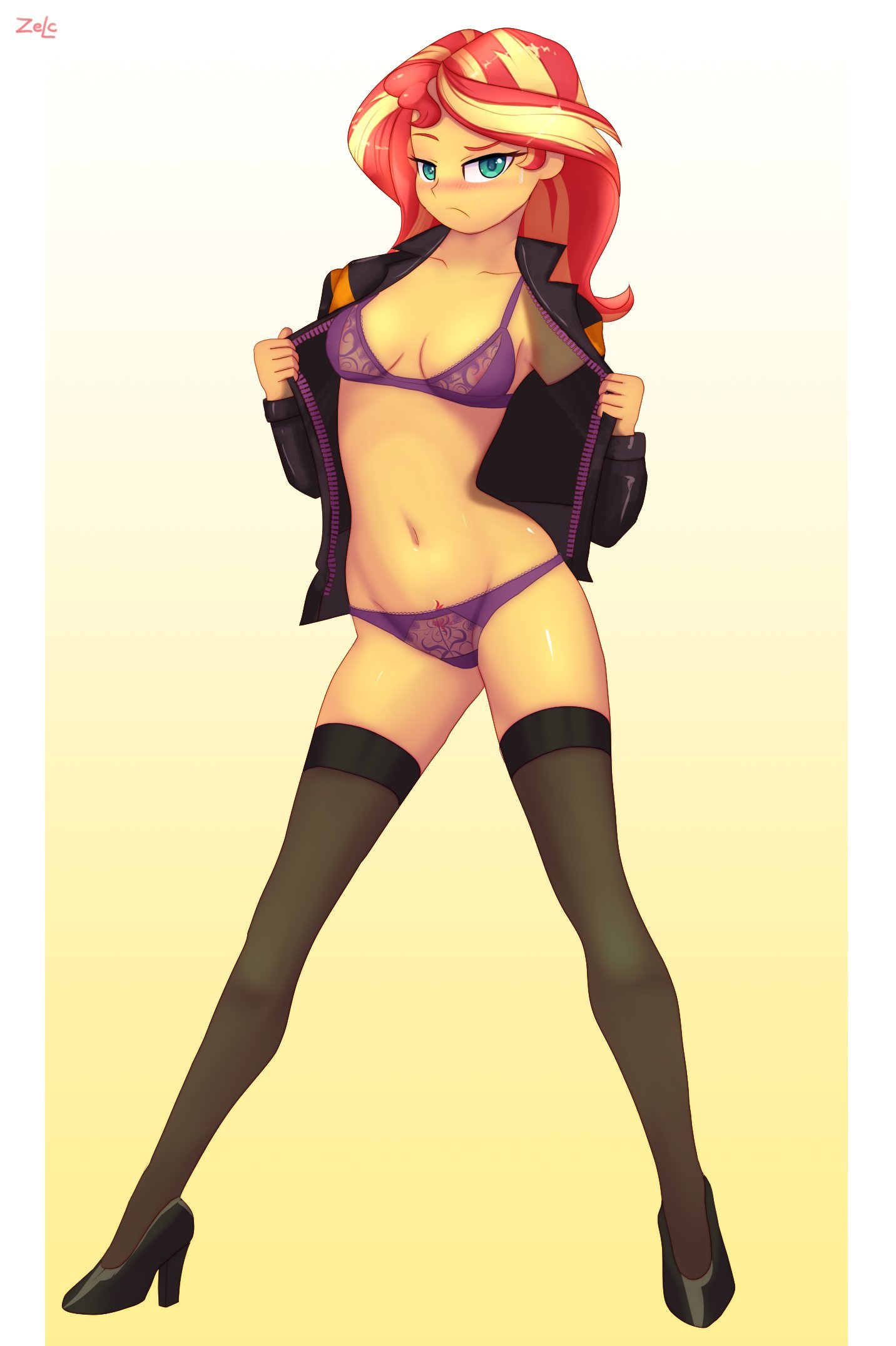 1girls, blush, bra, breasts, equestria girls, female, friendship is magic, hasbro, hi res, high heels, highres, legs, lingerie, my little pony, navel, open clothes, panties, purple bra, purple panties, see-through, see-through bra, see-through panties, solo, solo female, stockings, sunset shimmer, thighhighs, underwear, zelc-face