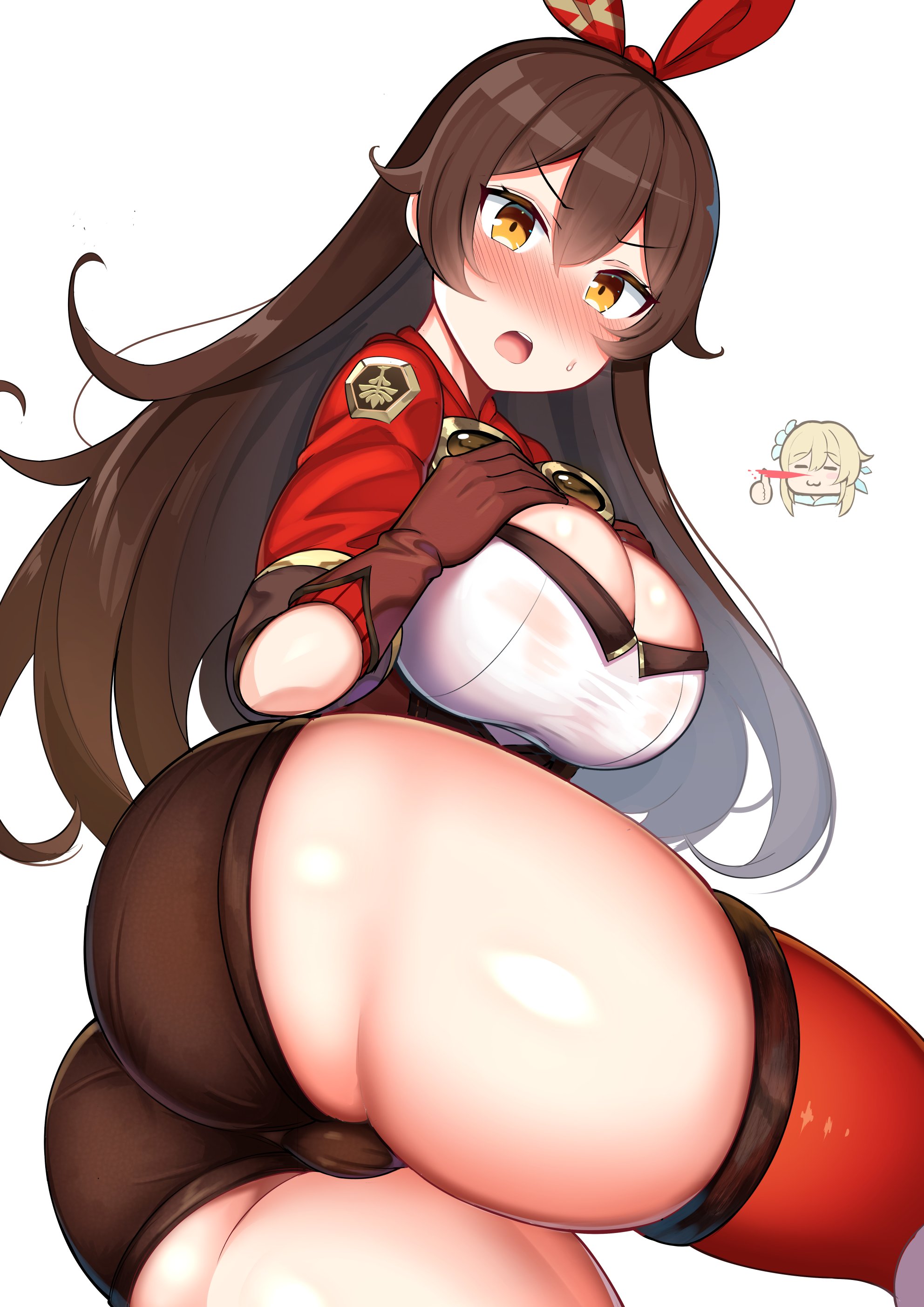 2girls, amber (genshin impact), ass, blush, booty shorts, bubble ass, bubble butt, closed eyes, female, female only, genshin impact, hi res, jakko, lumine (genshin impact), nosebleed, shorts, smile, sweatdrop, thick thighs, thighhighs, thumbs up