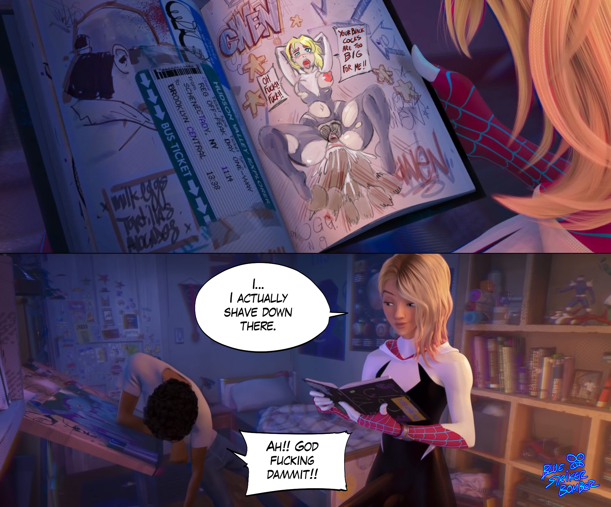 1boy, 1girls, 2 panel comic, 3d, ahe gao, anal, anal sex, angry, anus, big, big bulge, blonde hair, bluestrikerbomber, breasts, bulge, bulge through clothing, canonical scene, clothed sex, comic, dark skin, dark-skinned male, dialogue, dickgirl, drawing, english text, female, futanari, gwen art check, gwen stacy, hairy, hairy pussy, huge cock, interracial, intersex, light skin, light-skinned female, male, marvel, marvel comics, meme, miles morales, pale skin, panels, parody, penis, pubic hair, pussy, sad, shaved side, shouting, small breasts, speech bubble, spider-gwen, spider-man, spider-man (series), spider-man: across the spider-verse, standing, straight hair, text, triple anal, triple penetration