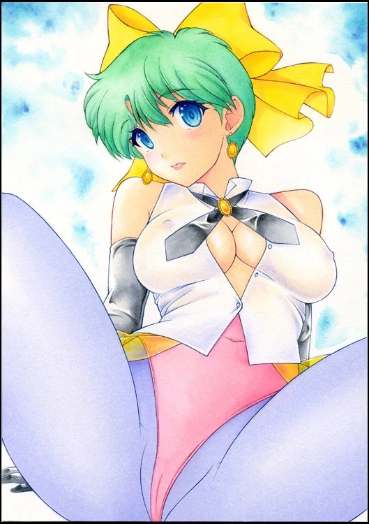 1girls 2021 blue_eyes blue_hair bow gloves green_eyes green_hair large_breasts leotard light-skinned_female looking_at_viewer magical_emi magical_girl magical_star_magical_emi mai_kazuki nightmare77zx oldschool short_hair solo spread_legs