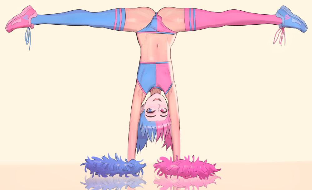 1boy adidas androgynous armpits ass_cheeks bdone belly_button blue_and_pink_hair blue_crop_top blue_eyes blue_hair blue_legwear blue_panties blue_pom_poms bulge bulge_through_clothing cheerleader cheerleader_uniform color crop_top crossdressing exposed_panties femboy handstand happy heterochromia leggings legwear male male_only midriff multicolored_hair open_mouth panties panties_bulge pastel pastel_colors pink_crop_top pink_eyes pink_hair pink_legwear pink_panties pink_pom_poms pom_poms shoelaces smile sneakers solo splits striped_legwear thighhighs trap upside-down_splits upside_down_face white_skin wild_hair