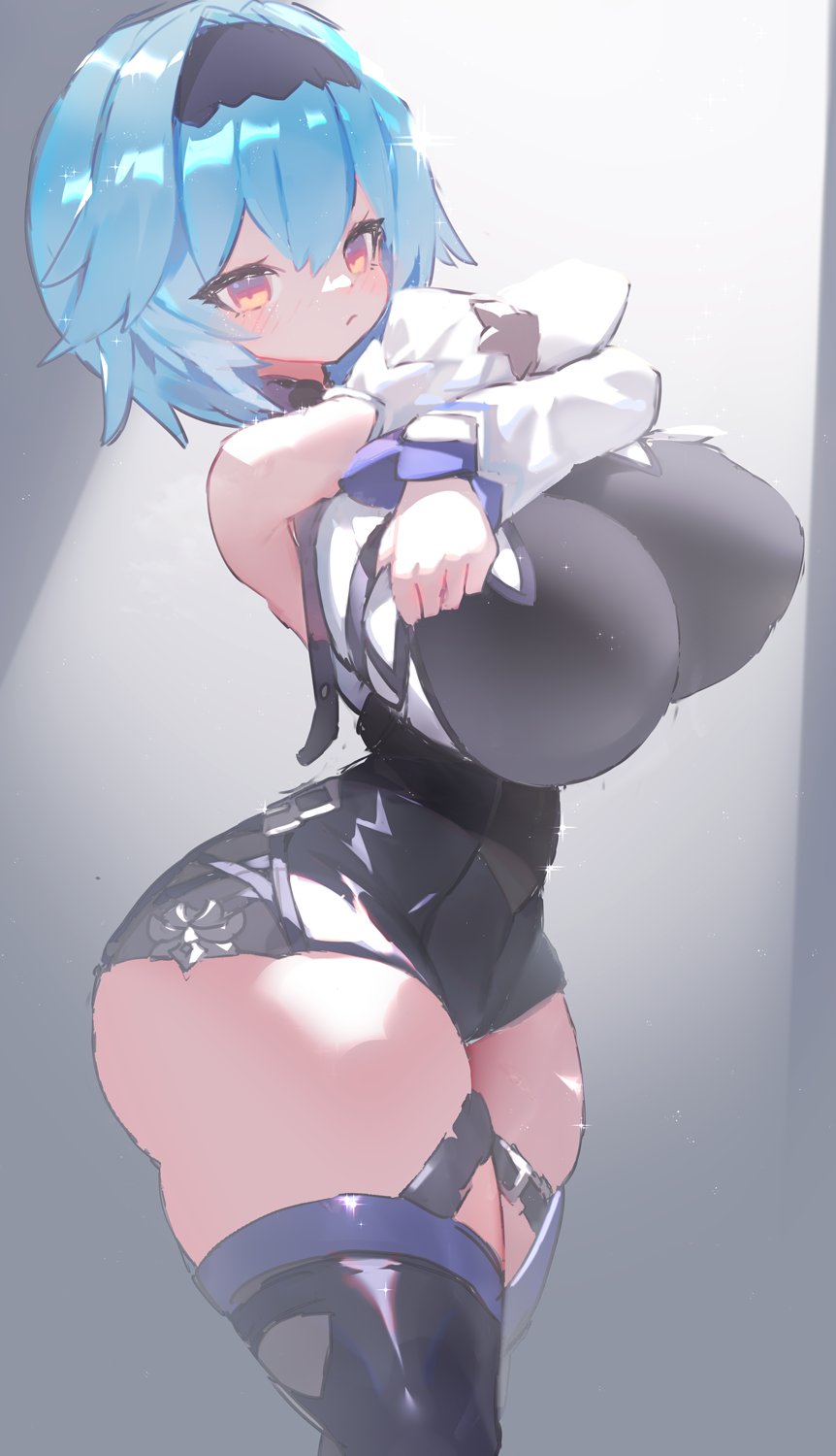 1girls, big breasts, blue hair, breasts, eula (genshin impact), female, fully clothed, genshin impact, huge breasts, large breasts, mamuru, orange eyes, short hair, solo, standing, thick thighs, thighhighs, thighs, wide hips