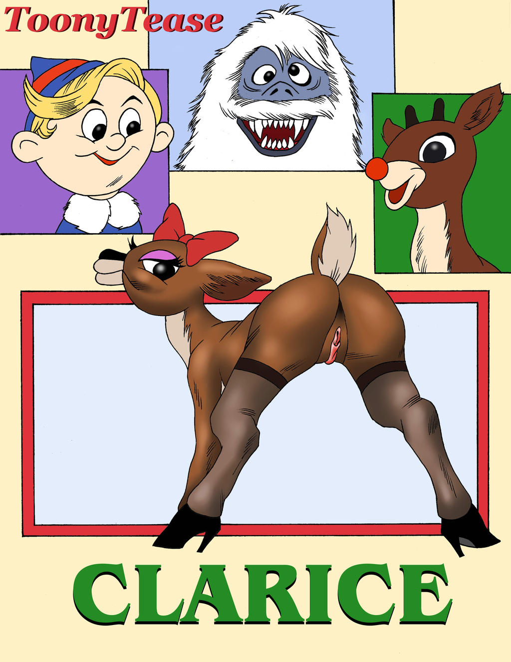 anthro anthrofied bow brown_fur clarice_(rudolph_the_red-nosed_reindeer) deer female furry heels hermey male rankin-bass rudolph rudolph_the_red-nosed_reindeer rudolph_the_red-nosed_reindeer_(tv_special) rudolph_the_red_nosed_reindeer sharp_teeth solo thighhighs toonytease yeti