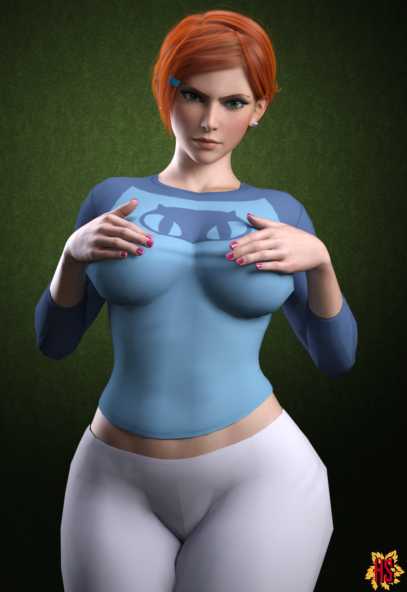 1girls, 3d, aged up, alternate version available, ass, ben 10, breasts, cartoon network, curvy, female, female only, ginger, ginger hair, green eyes, gwen tennyson, hagiwara studio, huge ass, huge breasts, orange hair, realistic, redhead, short hair, solo, thick lips, voluptuous, wide hips