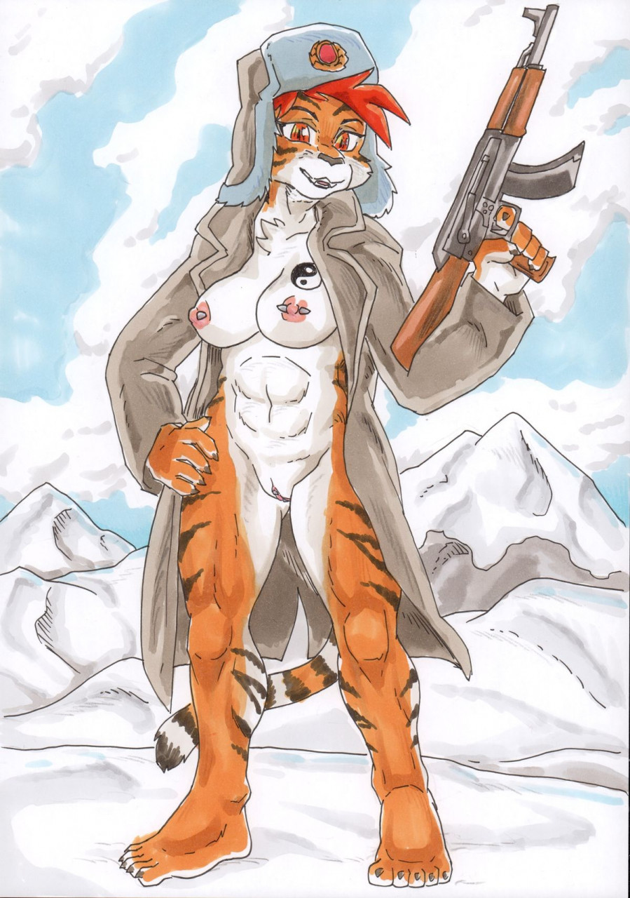 abs anthro barefoot black_nose clothed clothing daigaijin feet felid female fur genitals gun hair hi_res holding_gun holding_object holding_weapon mammal navel nipple_piercing nipples open_clothing open_mouth open_topwear open_vest orange_body orange_fur outside pantherine piercing pussy ranged_weapon red_eyes red_hair rifle snow solo tiger topwear vest weapon